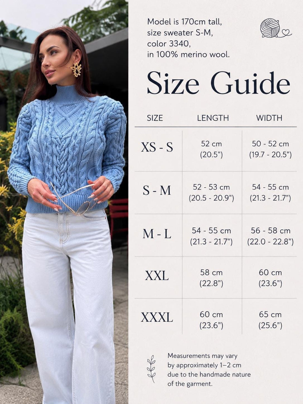 Handmade merino wool sky blue cable knit scandinavian sweater turtleneck pullover Chunky crop knit jumper Custom hand knit clothing