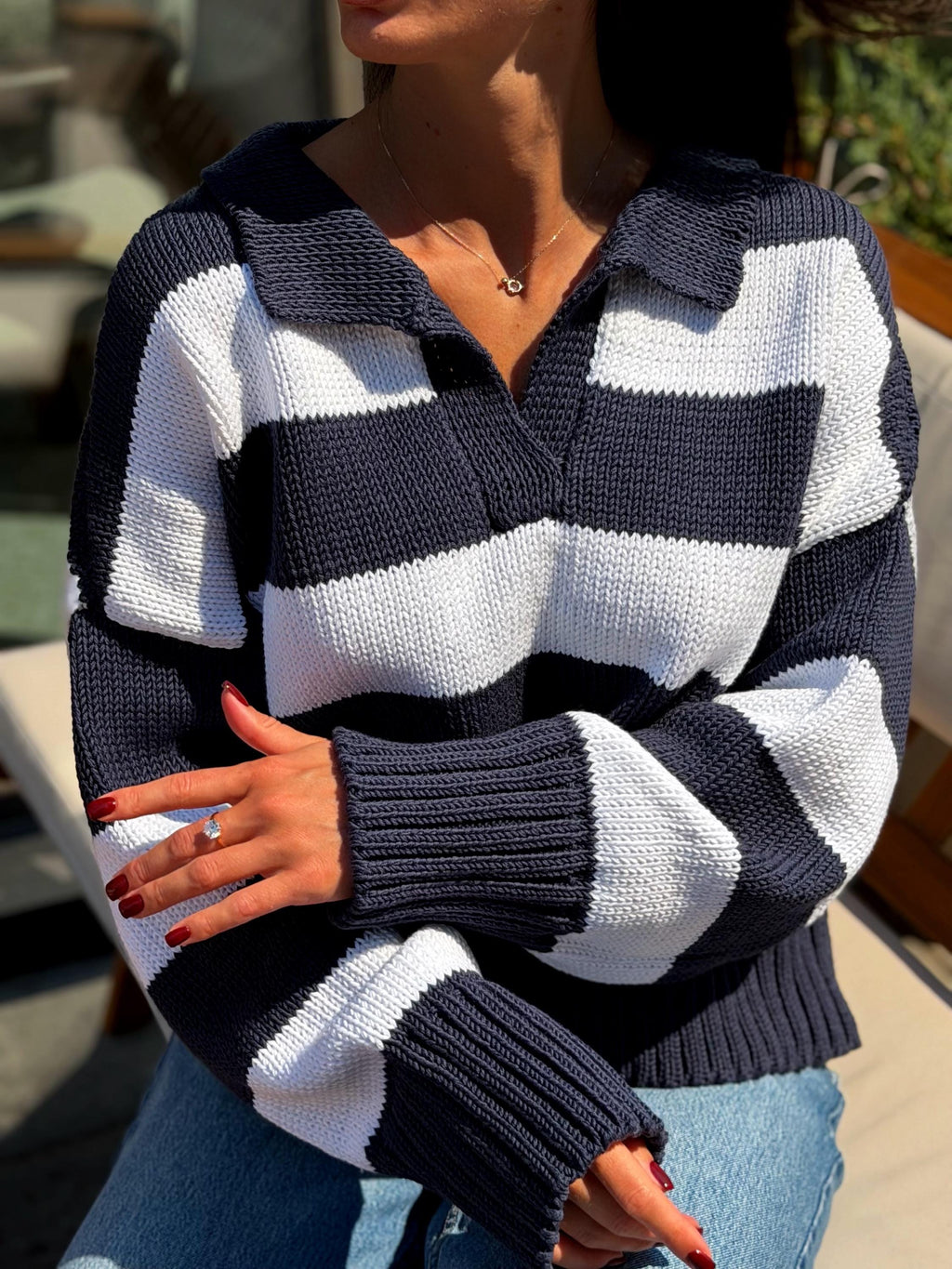 Soft Organic Cotton Oversized Polo Sweater Striped Knit gender neutralPullover Handmade Navy White Jumper Cozy Slouchy Knitwear Preppy Style