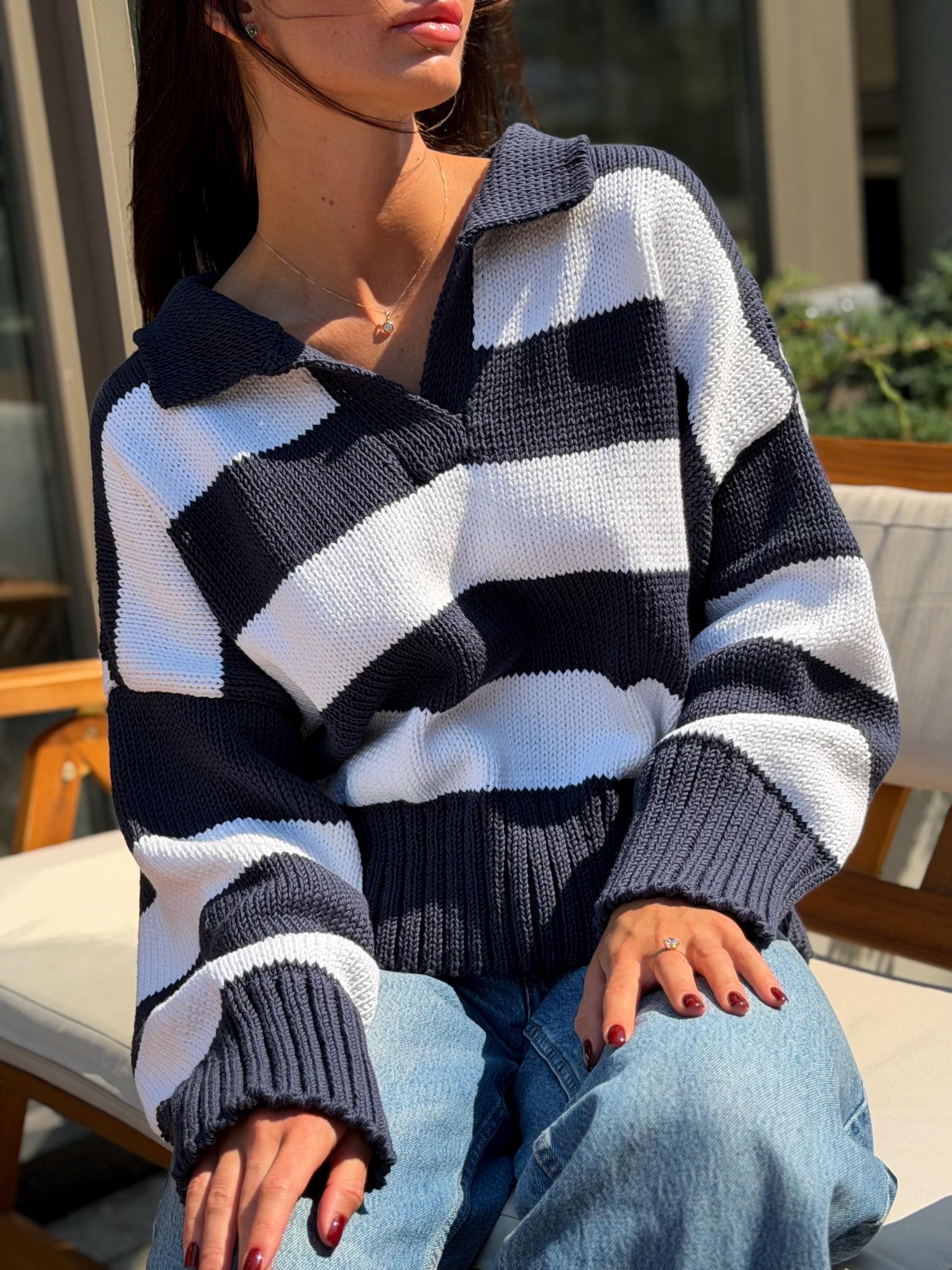 Soft Organic Cotton Oversized Polo Sweater Striped Knit gender neutralPullover Handmade Navy White Jumper Cozy Slouchy Knitwear Preppy Style