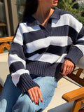Soft Organic Cotton Oversized Polo Sweater Striped Knit gender neutralPullover Handmade Navy White Jumper Cozy Slouchy Knitwear Preppy Style