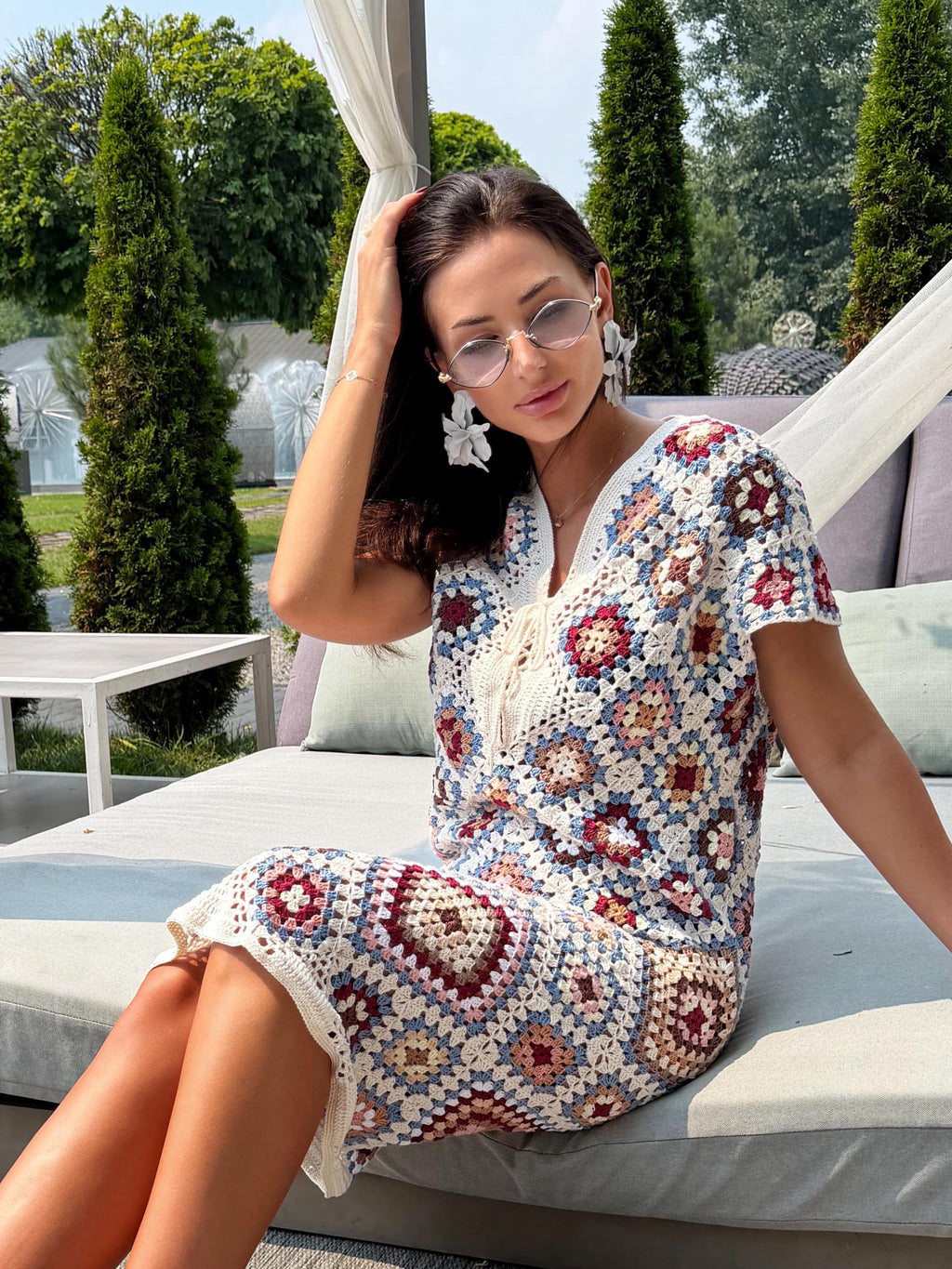 Crochet granny square dresses Crochet afghan dress Boho crochet dress Colorful dress Midi cotton dress Festival Clothing Vintage Style Dres
