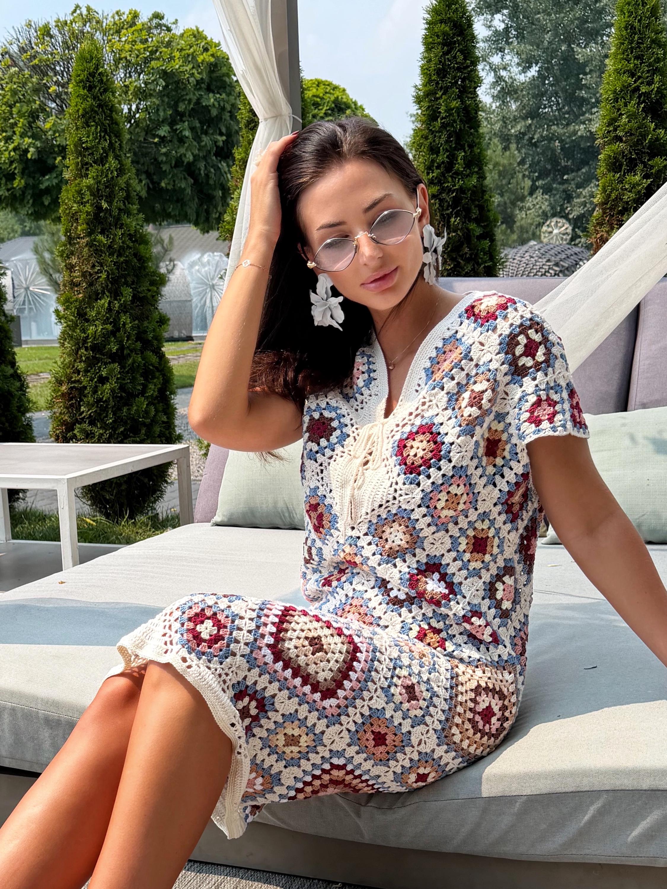 Crochet granny square dresses Crochet afghan dress Boho crochet dress Colorful dress Midi cotton dress Festival Clothing Vintage Style Dres