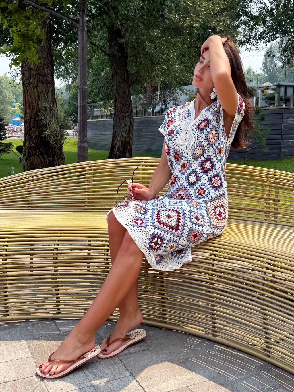 Crochet granny square dresses Crochet afghan dress Boho crochet dress Colorful dress Midi cotton dress Festival Clothing Vintage Style Dres