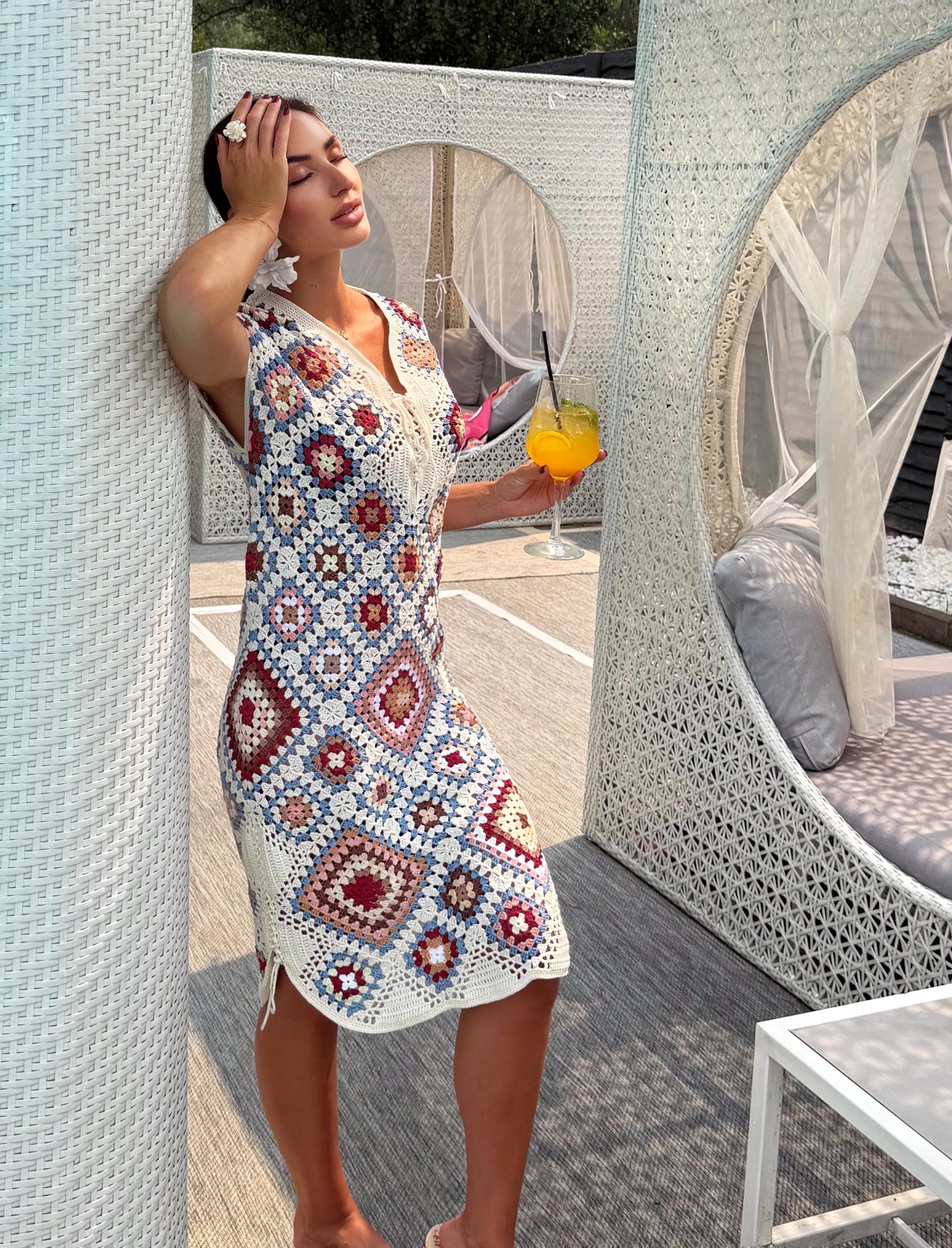 Crochet granny square dresses Crochet afghan dress Boho crochet dress Colorful dress Midi cotton dress Festival Clothing Vintage Style Dres