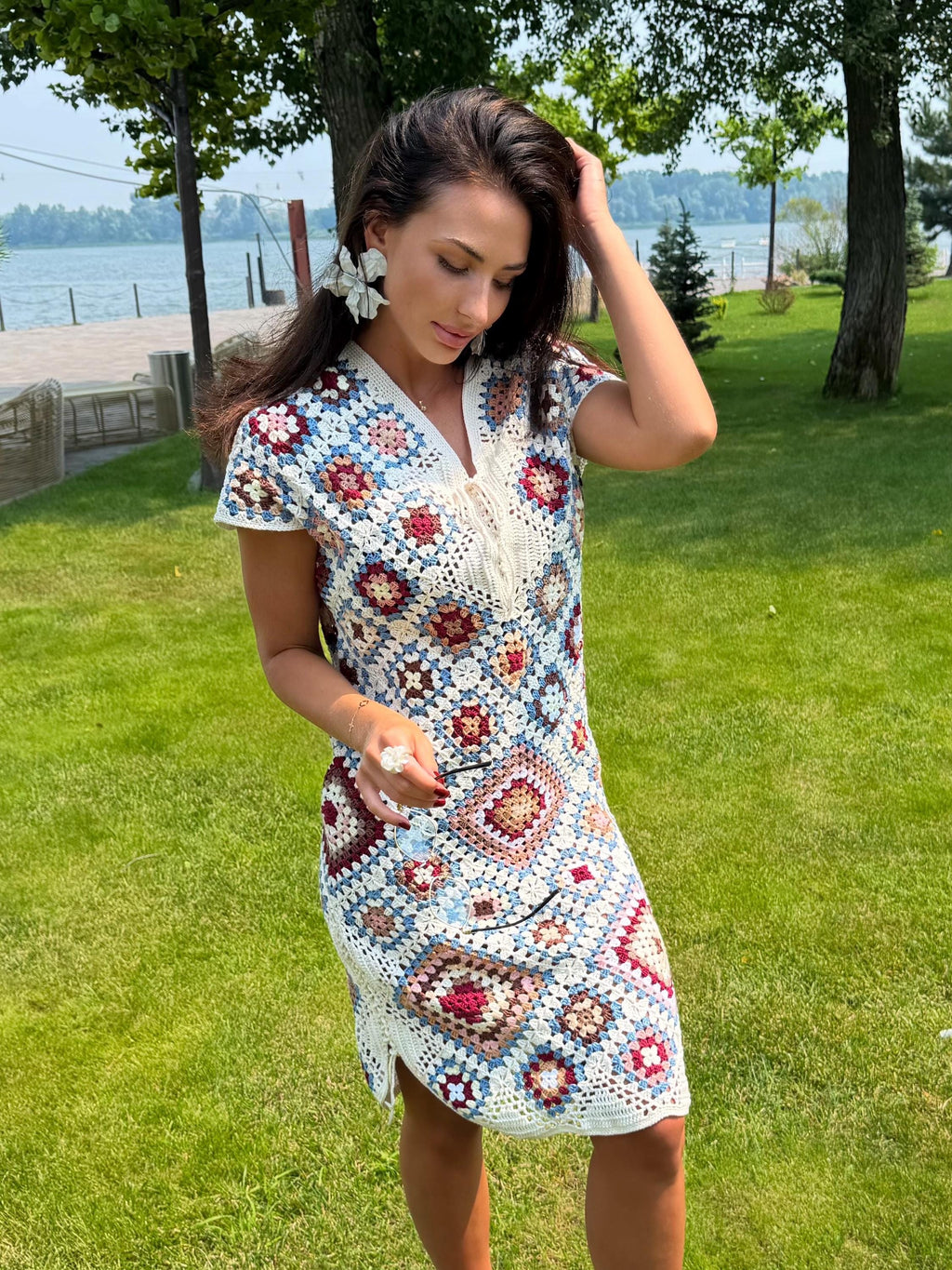 Crochet granny square dresses Crochet afghan dress Boho crochet dress Colorful dress Midi cotton dress Festival Clothing Vintage Style Dres
