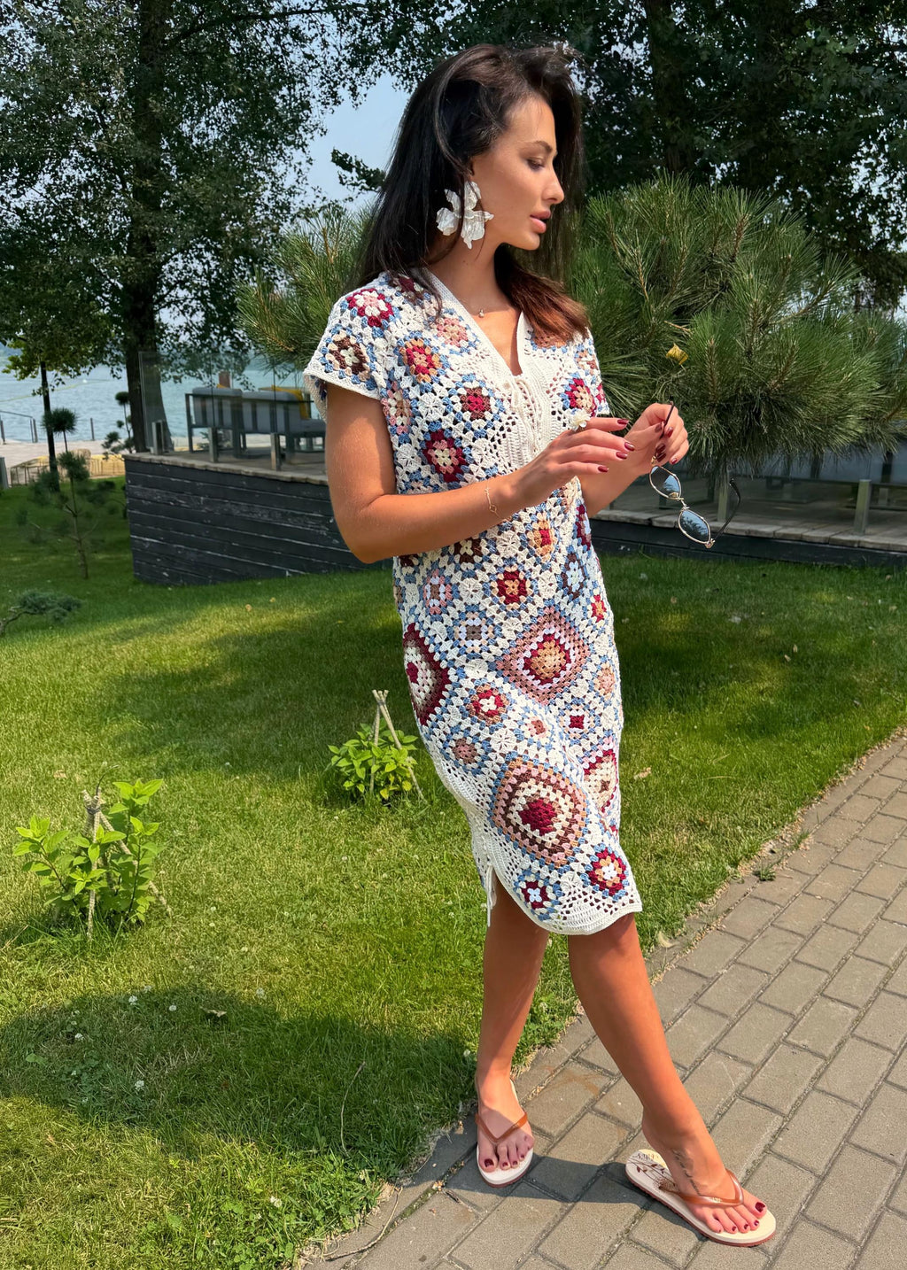 Crochet granny square dresses Crochet afghan dress Boho crochet dress Colorful dress Midi cotton dress Festival Clothing Vintage Style Dres