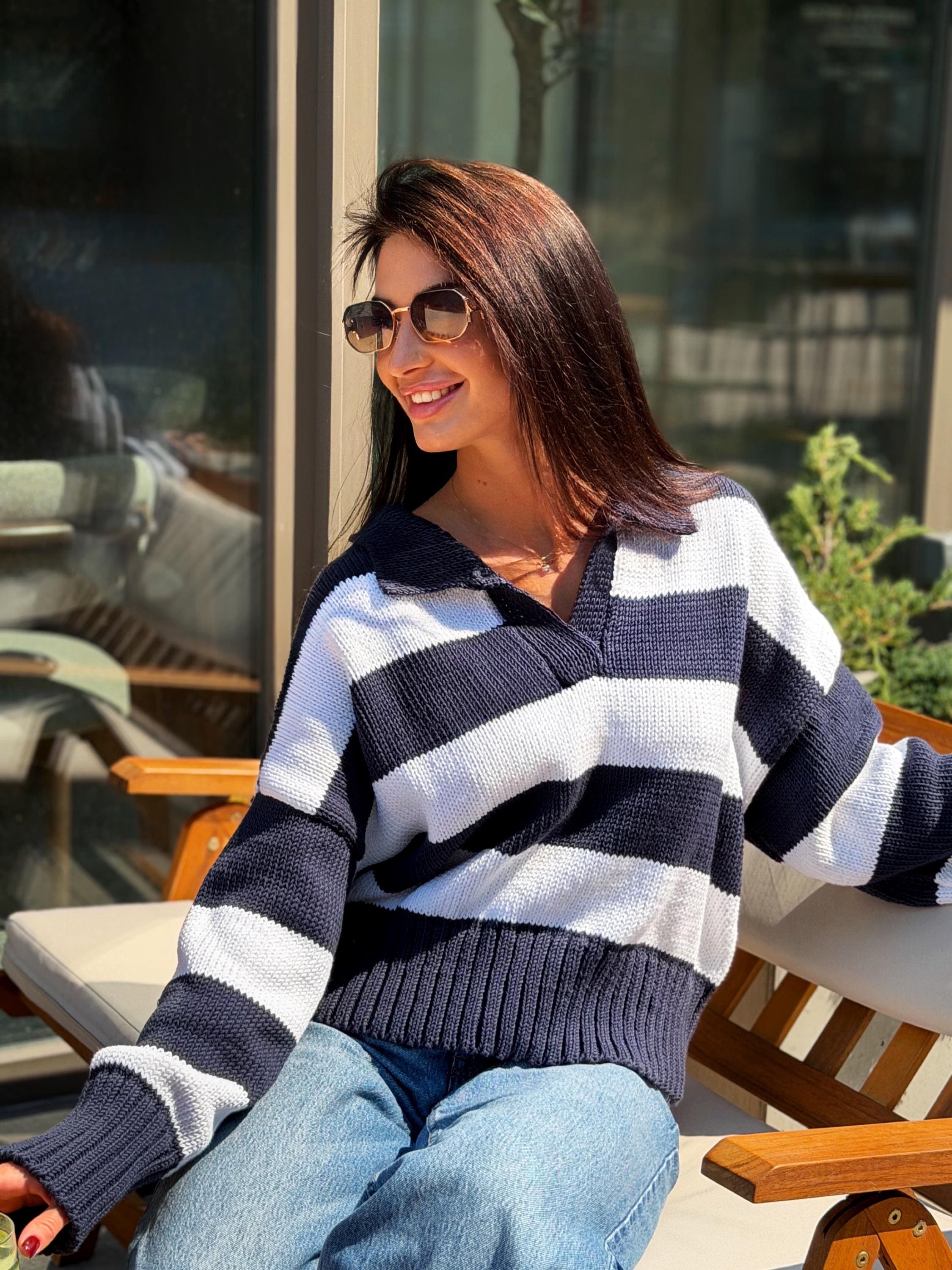 Soft Organic Cotton Oversized Polo Sweater Striped Knit gender neutralPullover Handmade Navy White Jumper Cozy Slouchy Knitwear Preppy Style