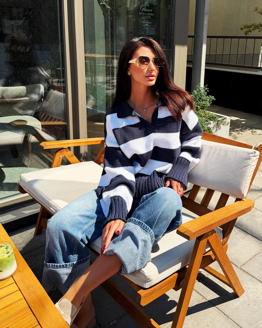 Soft Organic Cotton Oversized Polo Sweater Striped Knit gender neutralPullover Handmade Navy White Jumper Cozy Slouchy Knitwear Preppy Style