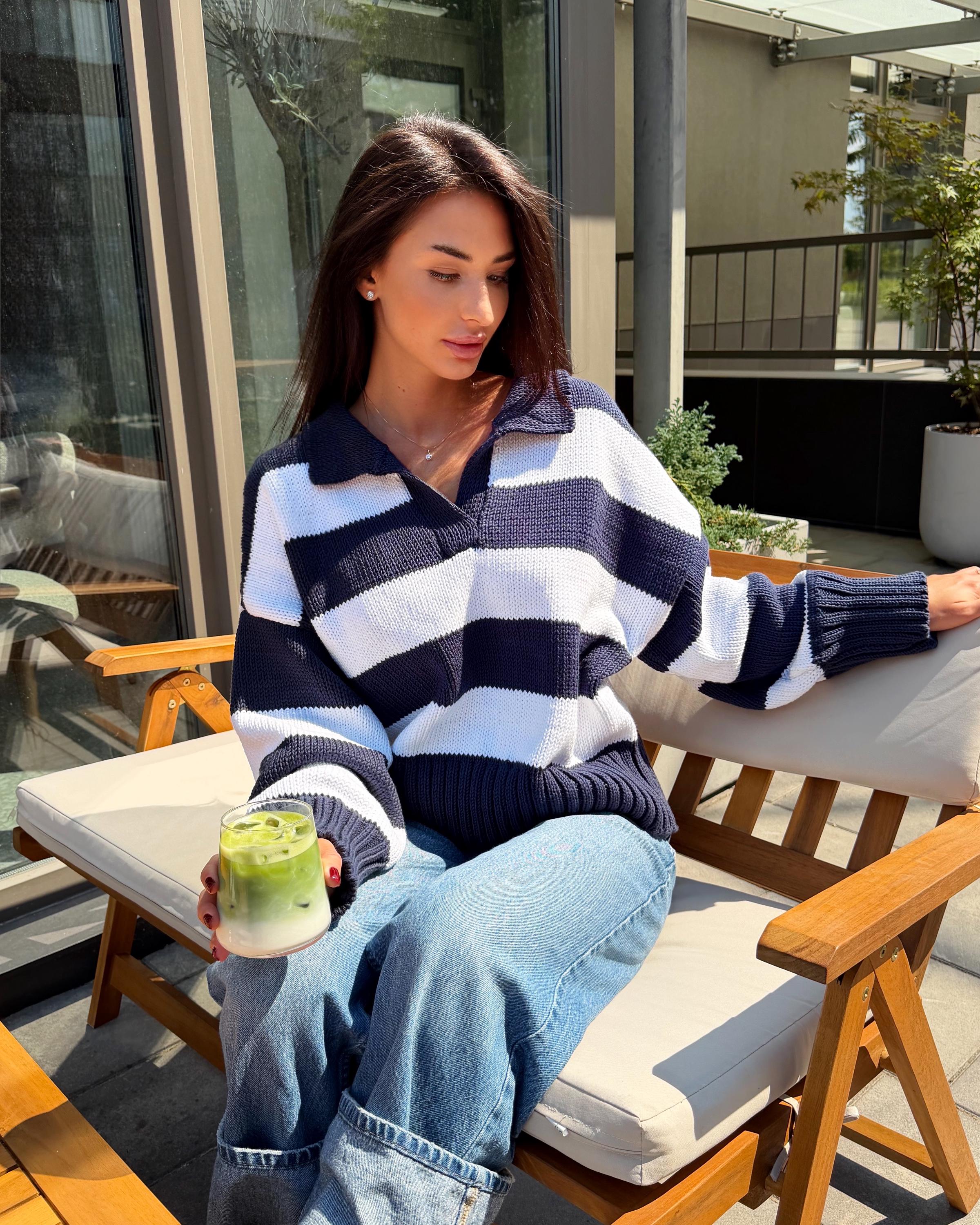 Soft Organic Cotton Oversized Polo Sweater Striped Knit gender neutralPullover Handmade Navy White Jumper Cozy Slouchy Knitwear Preppy Style