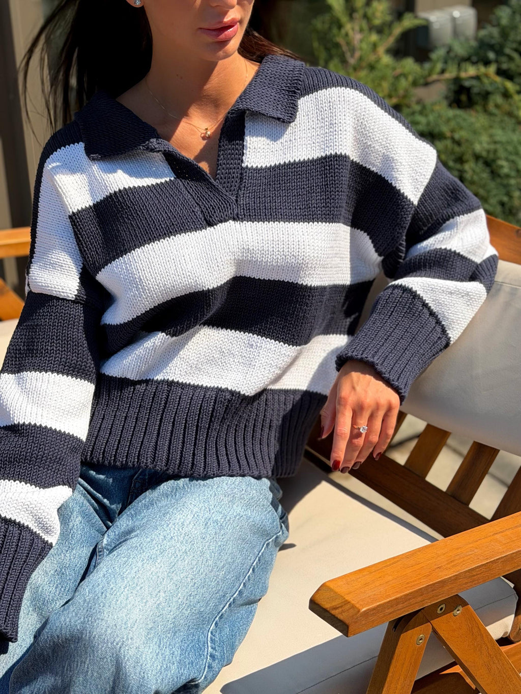 Soft Organic Cotton Oversized Polo Sweater Striped Knit gender neutralPullover Handmade Navy White Jumper Cozy Slouchy Knitwear Preppy Style