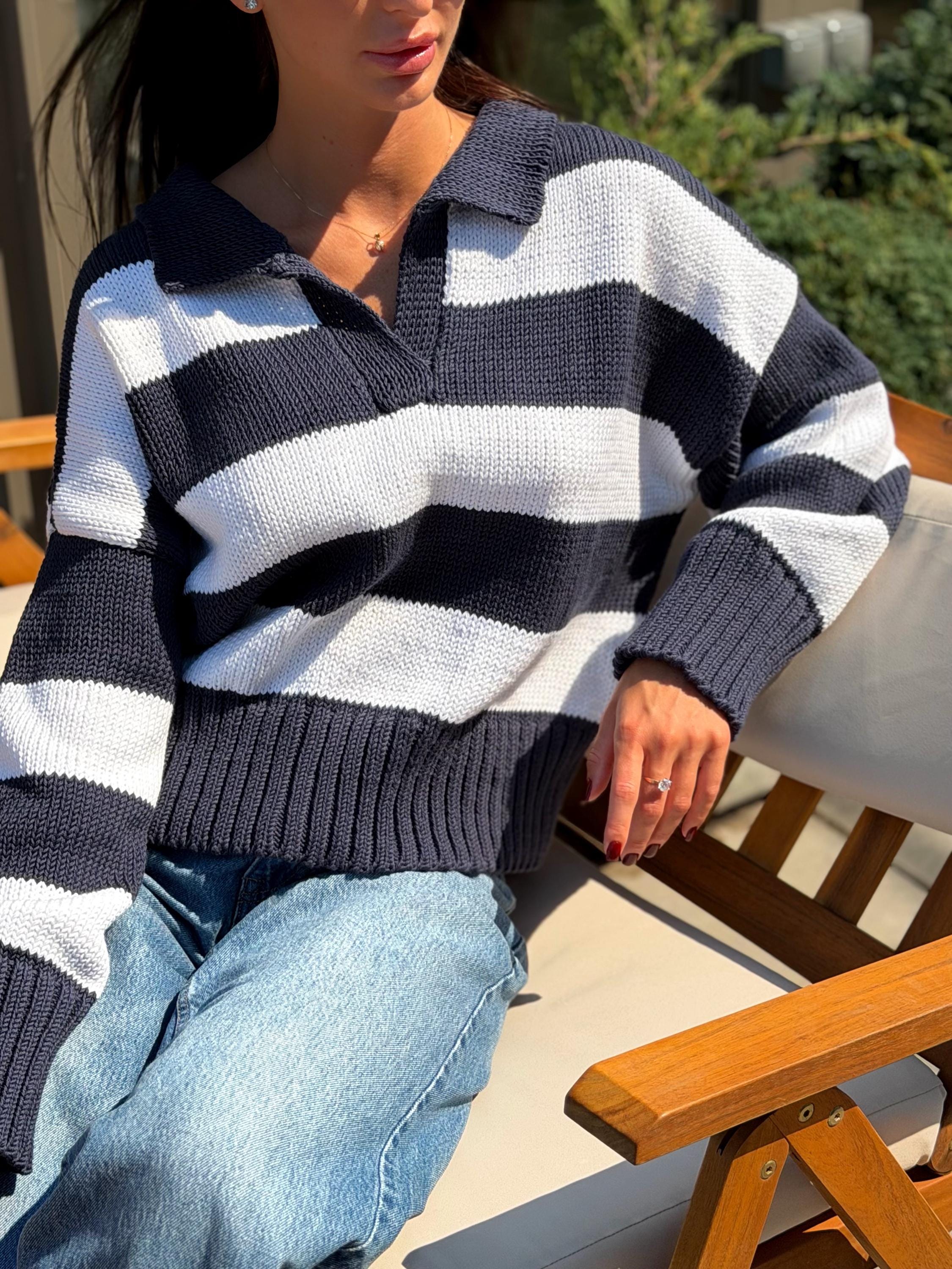 Soft Organic Cotton Oversized Polo Sweater Striped Knit gender neutralPullover Handmade Navy White Jumper Cozy Slouchy Knitwear Preppy Style