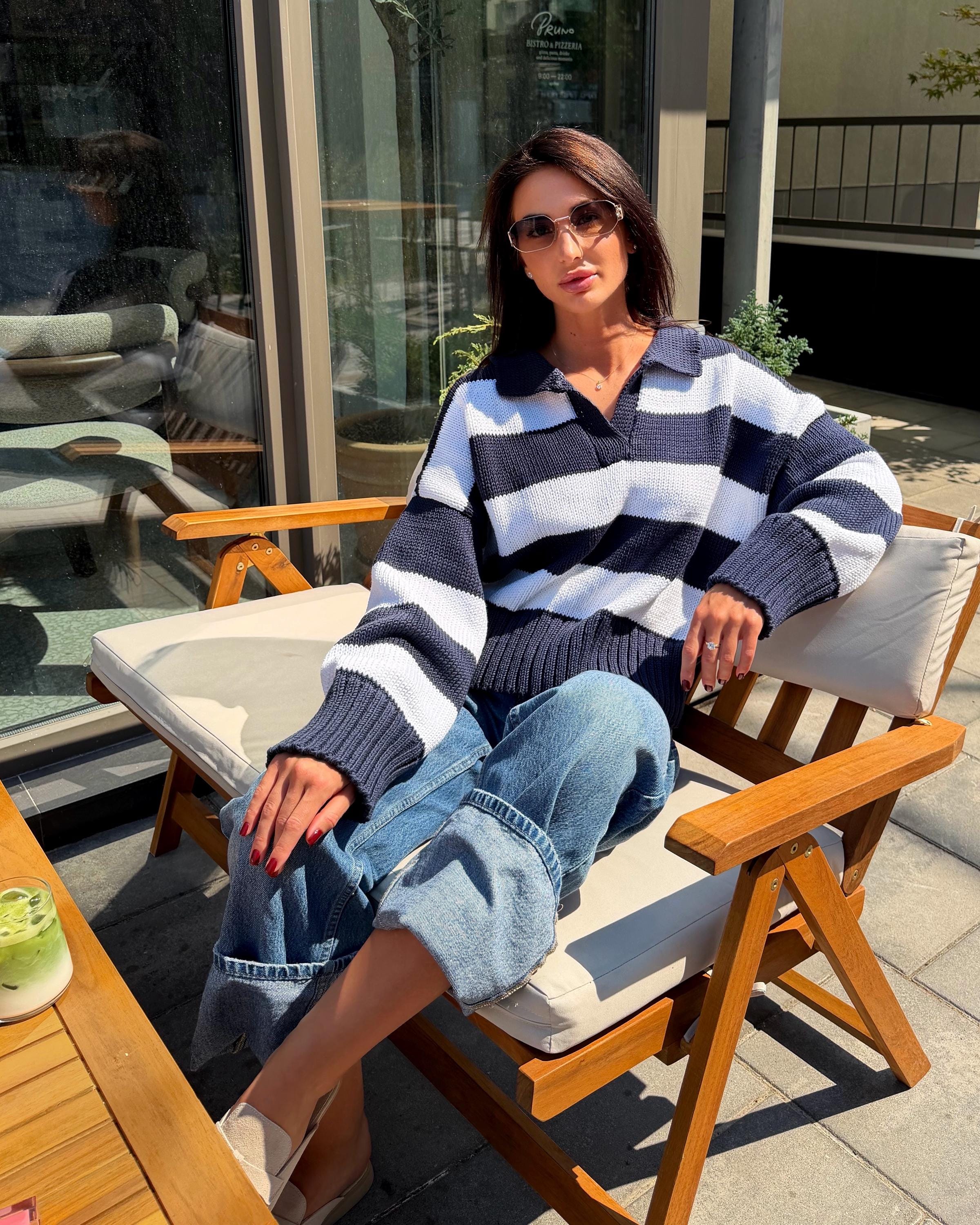 Soft Organic Cotton Oversized Polo Sweater Striped Knit gender neutralPullover Handmade Navy White Jumper Cozy Slouchy Knitwear Preppy Style