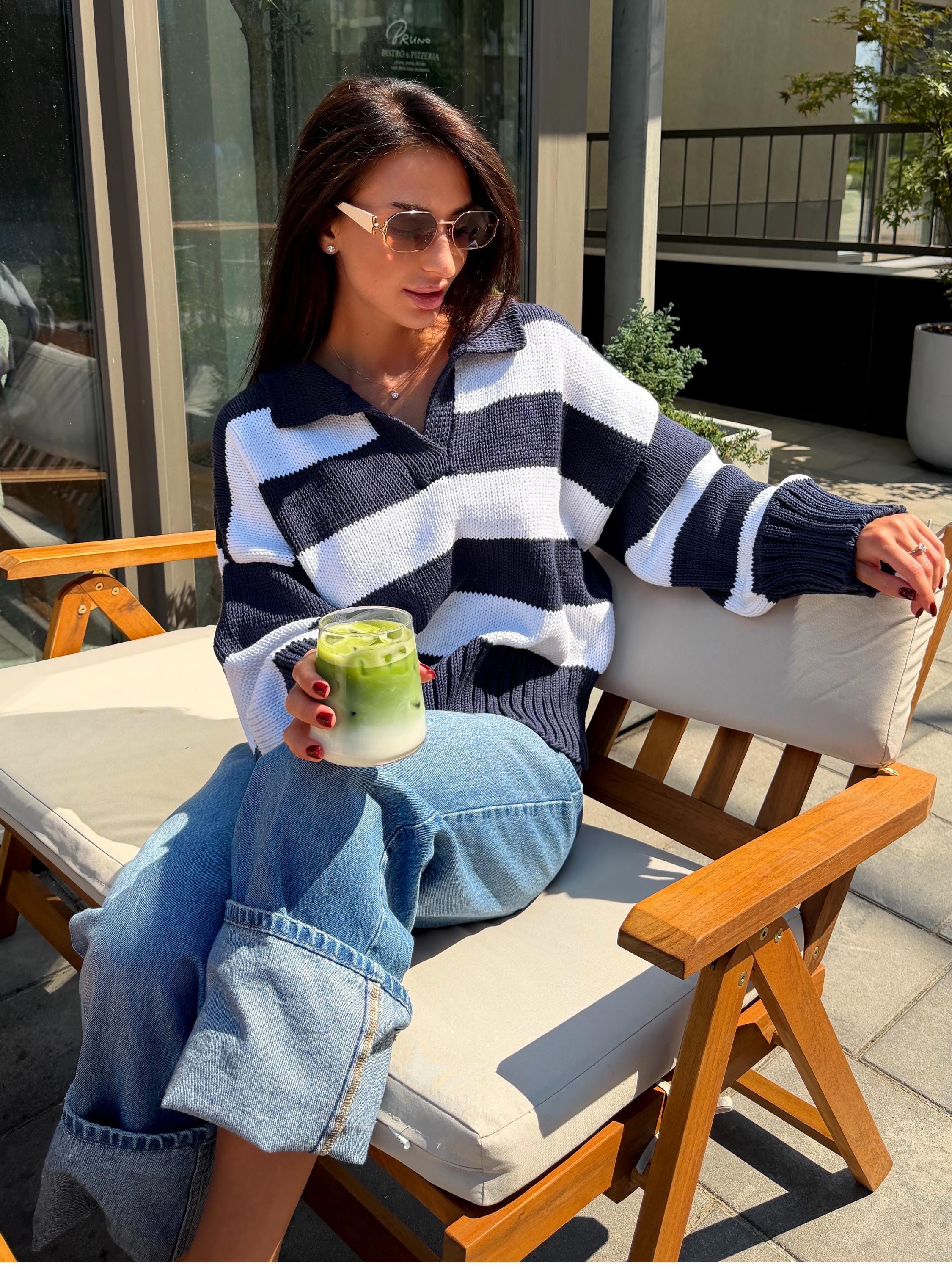 Soft Organic Cotton Oversized Polo Sweater Striped Knit gender neutralPullover Handmade Navy White Jumper Cozy Slouchy Knitwear Preppy Style