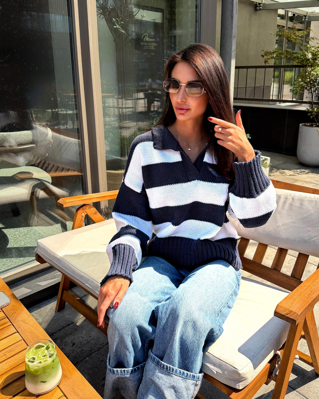 Soft Organic Cotton Oversized Polo Sweater Striped Knit gender neutralPullover Handmade Navy White Jumper Cozy Slouchy Knitwear Preppy Style
