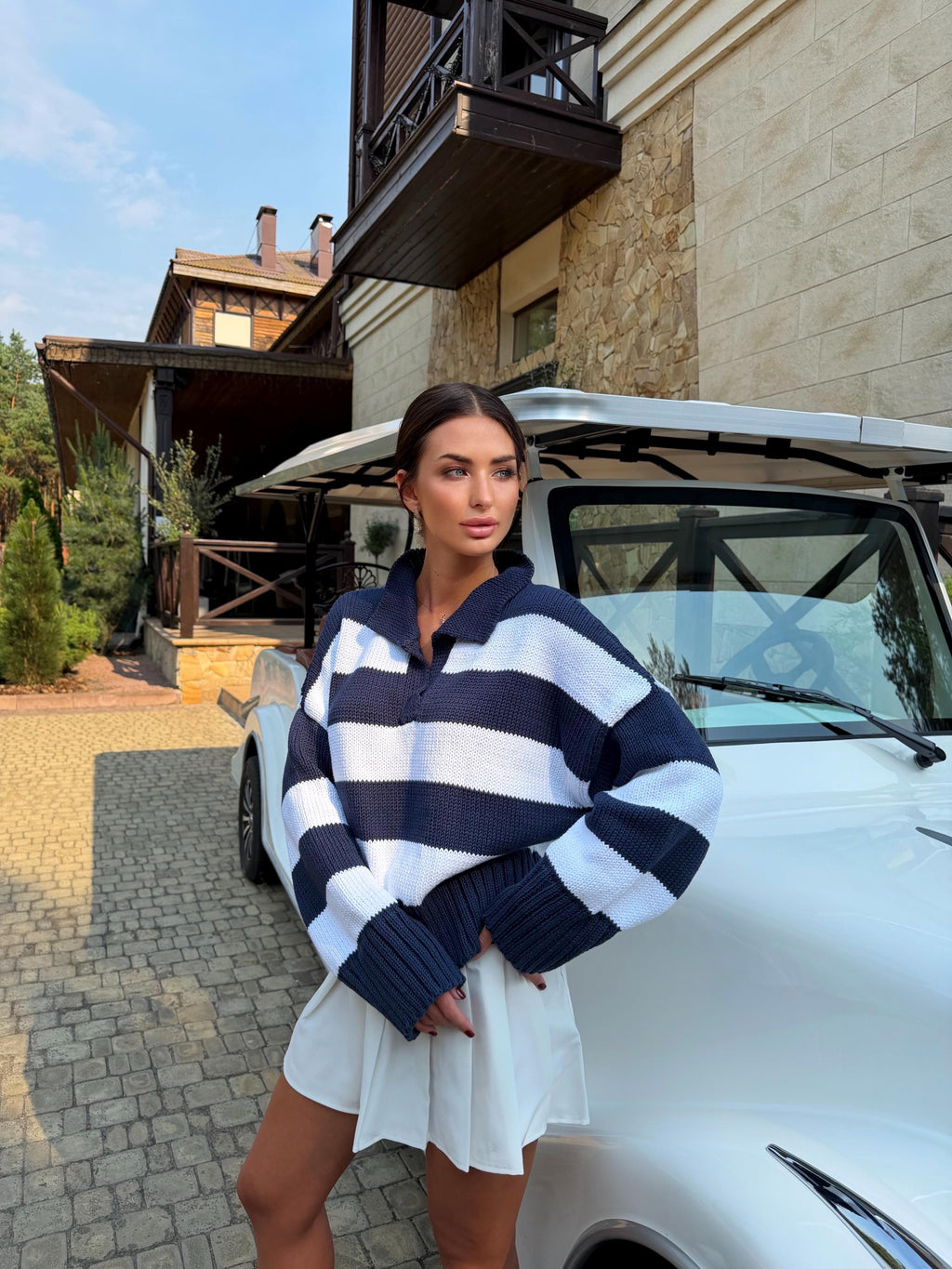 Organic cotton oversized knit soft Polo Striped large country club sweater Handmade Navy White Jumper Cozy Slouchy Knitwear Preppy Style