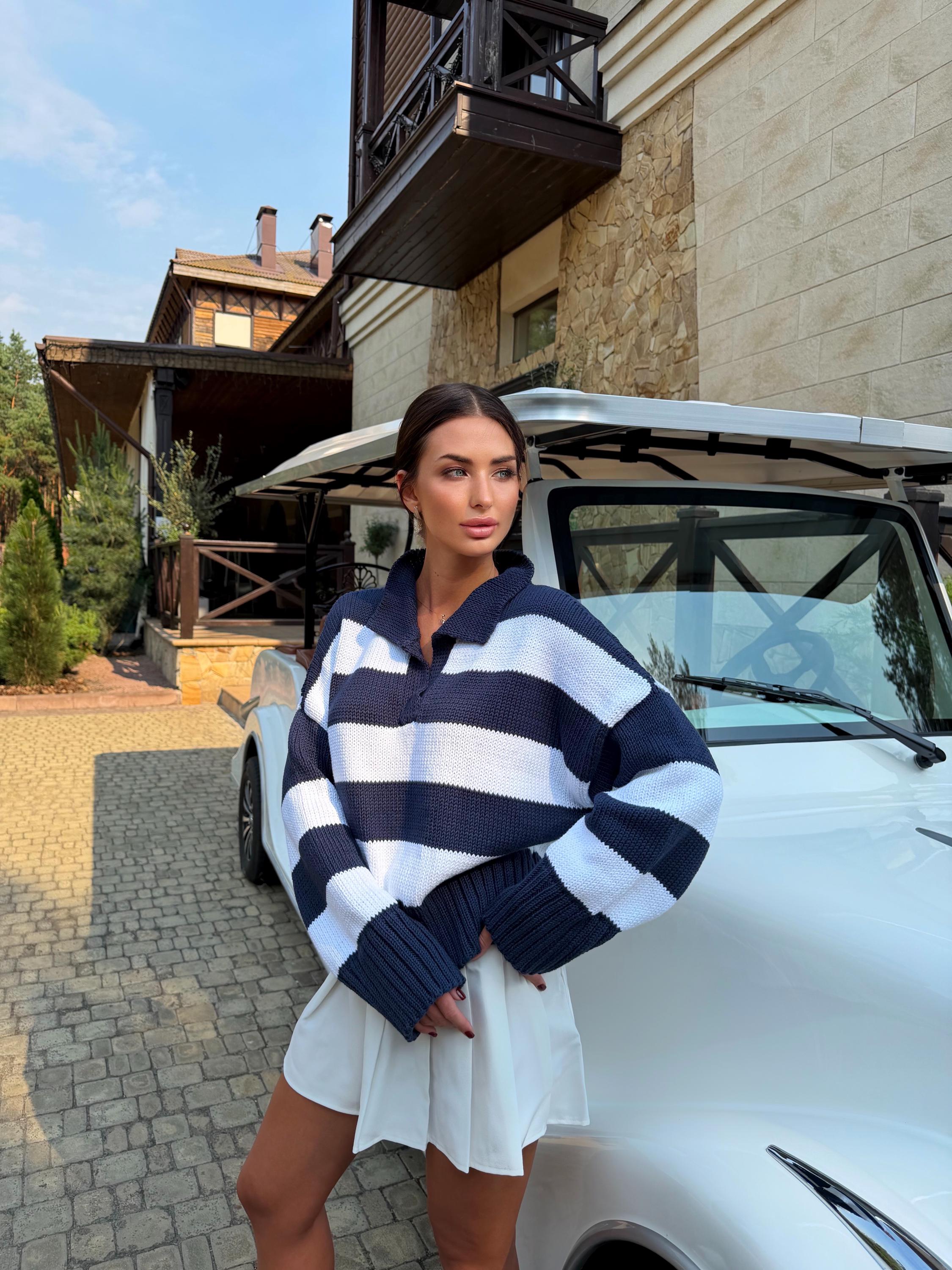 Organic cotton oversized knit soft Polo Striped large country club sweater Handmade Navy White Jumper Cozy Slouchy Knitwear Preppy Style