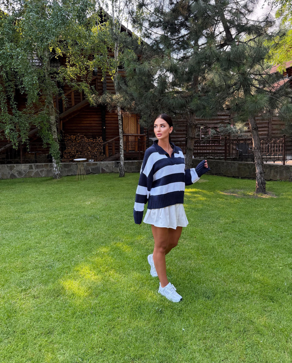 Organic cotton oversized knit soft Polo Striped large country club sweater Handmade Navy White Jumper Cozy Slouchy Knitwear Preppy Style