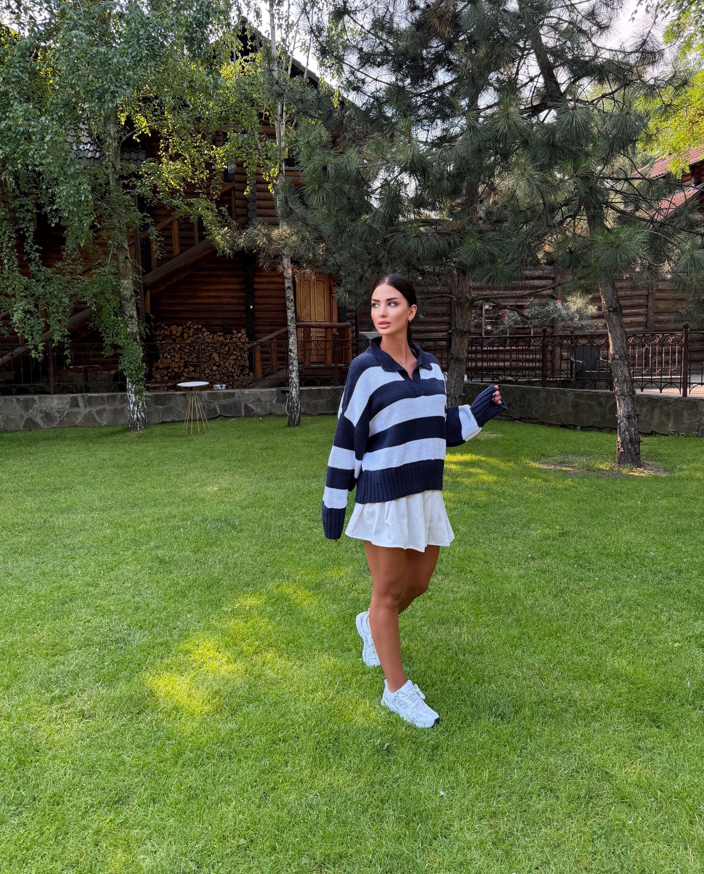 Organic cotton oversized knit soft Polo Striped large country club sweater Handmade Navy White Jumper Cozy Slouchy Knitwear Preppy Style