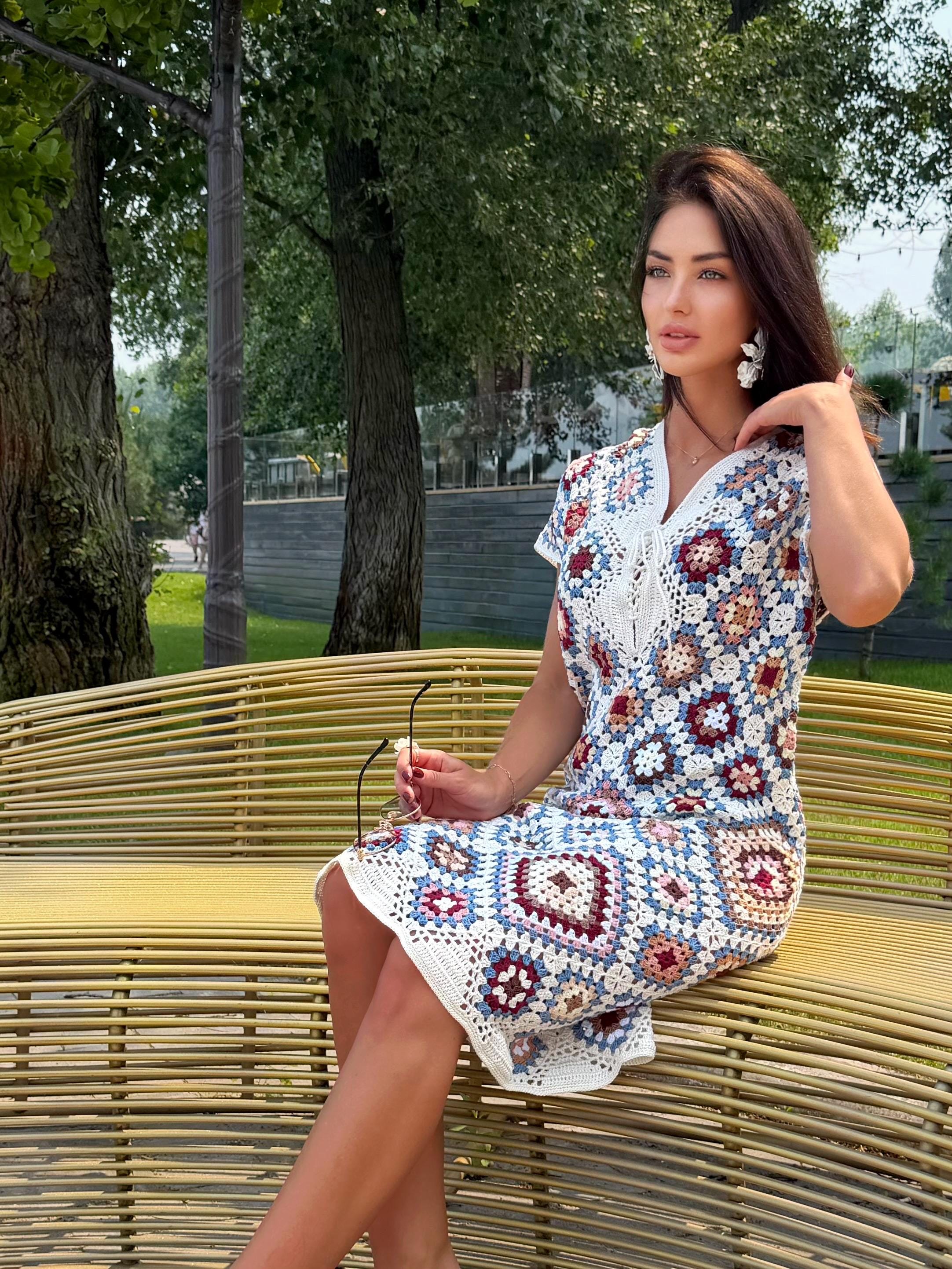 Crochet granny square dresses Crochet afghan dress Boho crochet dress Colorful dress Midi cotton dress Festival Clothing Vintage Style Dres