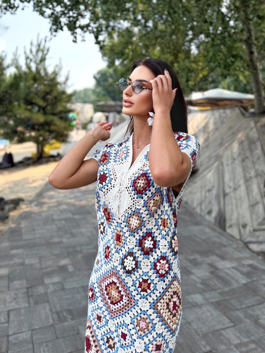 Crochet granny square dresses Crochet afghan dress Boho crochet dress Colorful dress Midi cotton dress Festival Clothing Vintage Style Dres