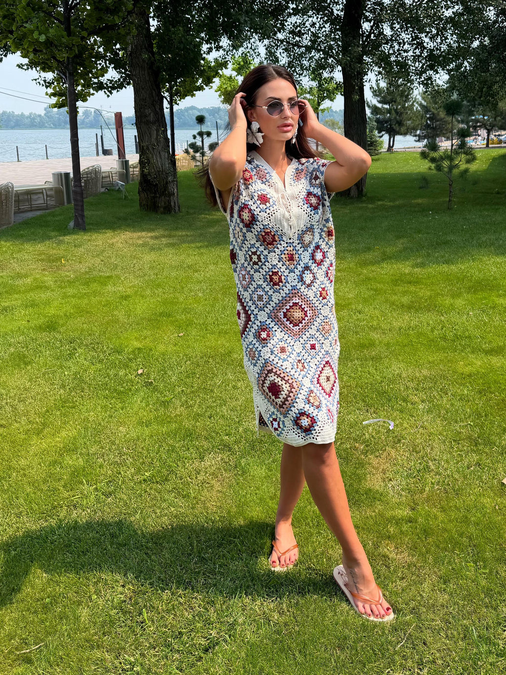 Crochet granny square dresses Crochet afghan dress Boho crochet dress Colorful dress Midi cotton dress Festival Clothing Vintage Style Dres