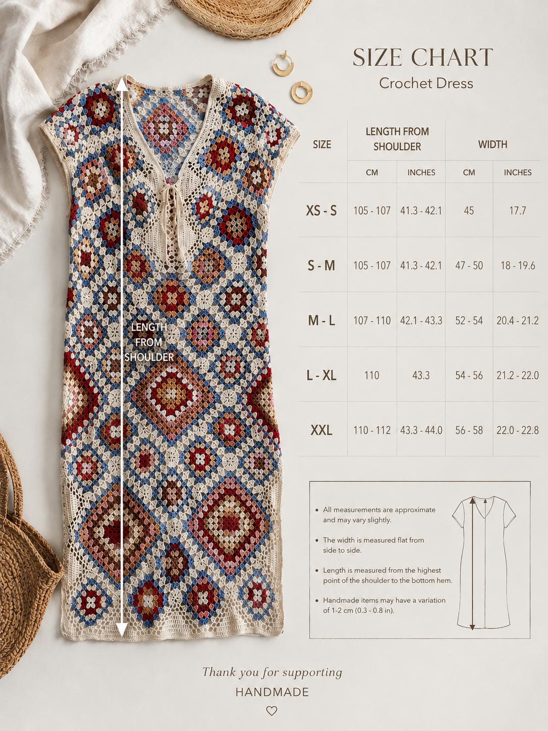 Crochet granny square dresses Crochet afghan dress Boho crochet dress Colorful dress Midi cotton dress Festival Clothing Vintage Style Dres