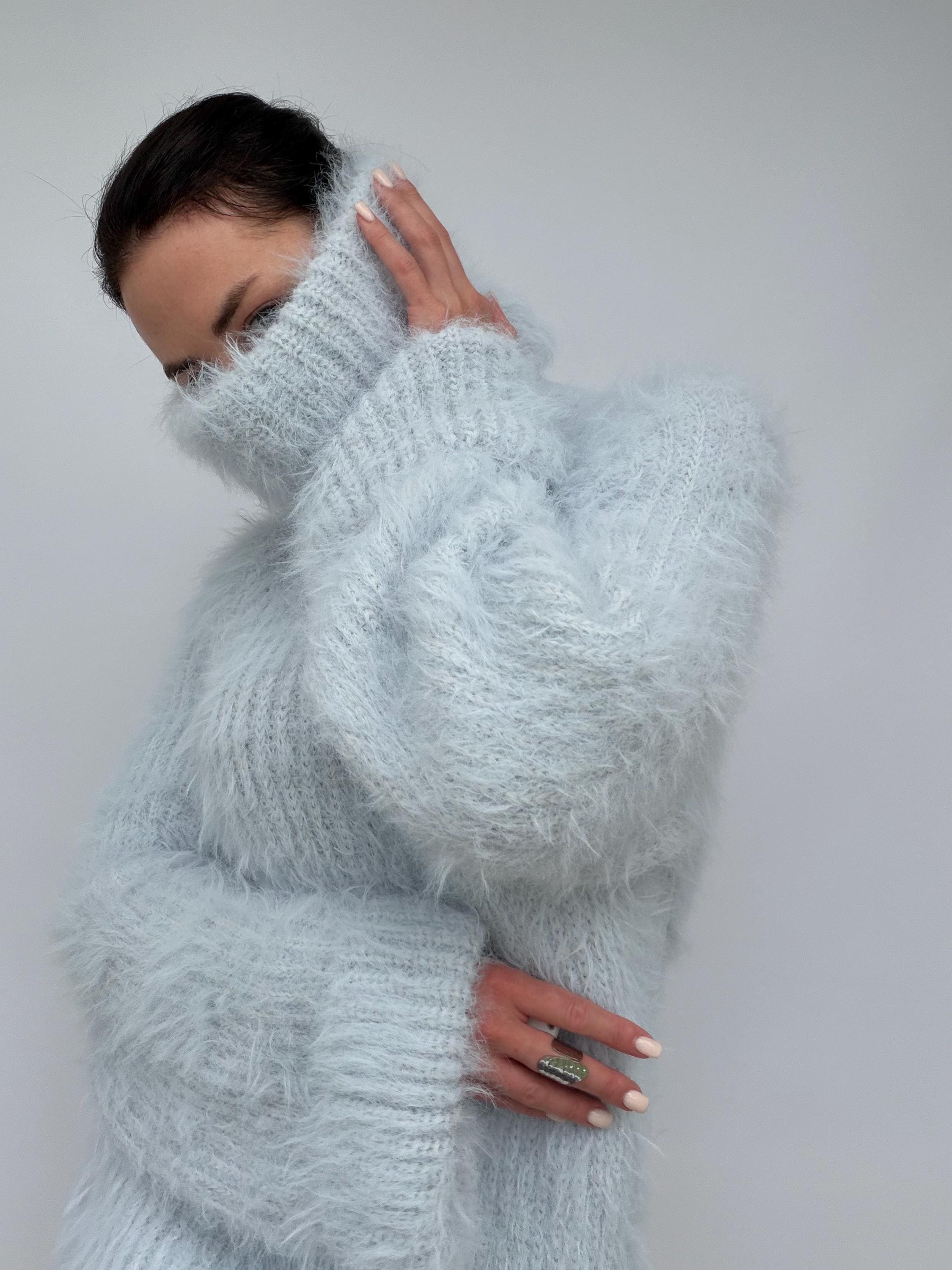 Hand Knit Merino Wool Large Turtleneck Sweater Dress Chunky Fluffy Oversized Pullover Soft Light Blue High Collar Winter Sweater