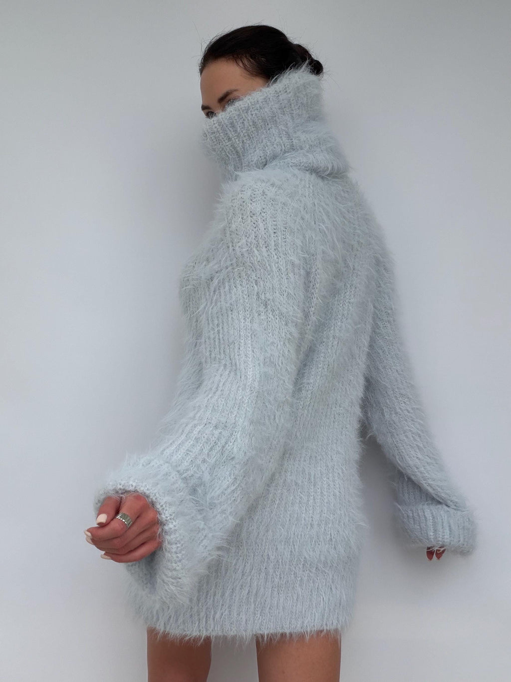 Hand Knit Merino Wool Large Turtleneck Sweater Dress Chunky Fluffy Oversized Pullover Soft Light Blue High Collar Winter Sweater