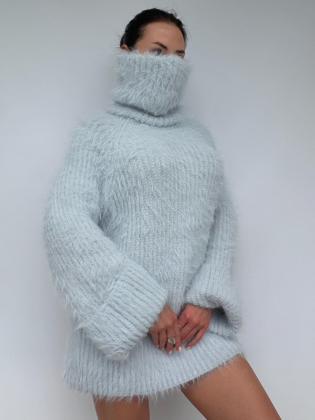 Hand Knit Merino Wool Large Turtleneck Sweater Dress Chunky Fluffy Oversized Pullover Soft Light Blue High Collar Winter Sweater