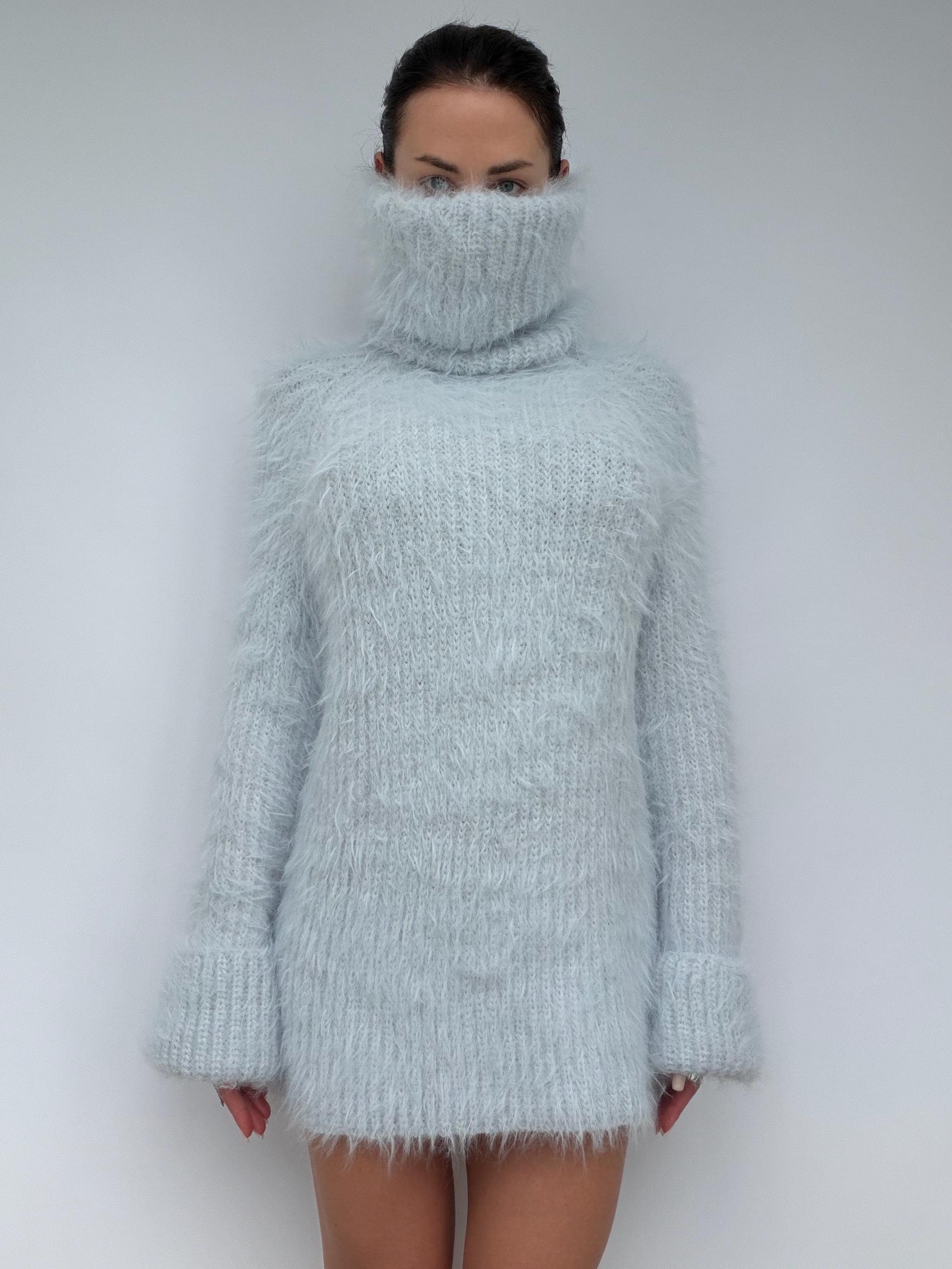 Hand Knit Merino Wool Large Turtleneck Sweater Dress Chunky Fluffy Oversized Pullover Soft Light Blue High Collar Winter Sweater