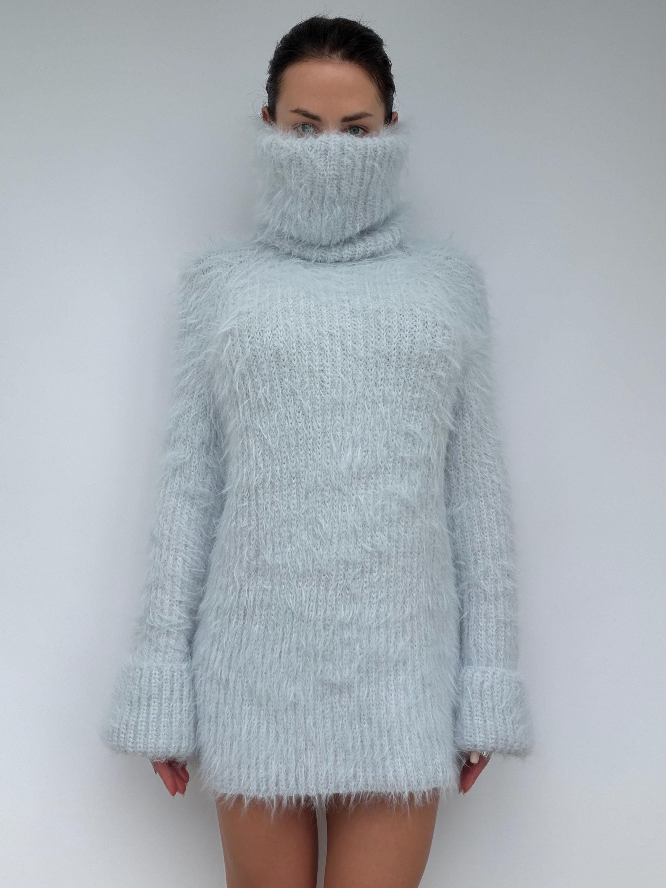 Hand Knit Merino Wool Large Turtleneck Sweater Dress Chunky Fluffy Oversized Pullover Soft Light Blue High Collar Winter Sweater