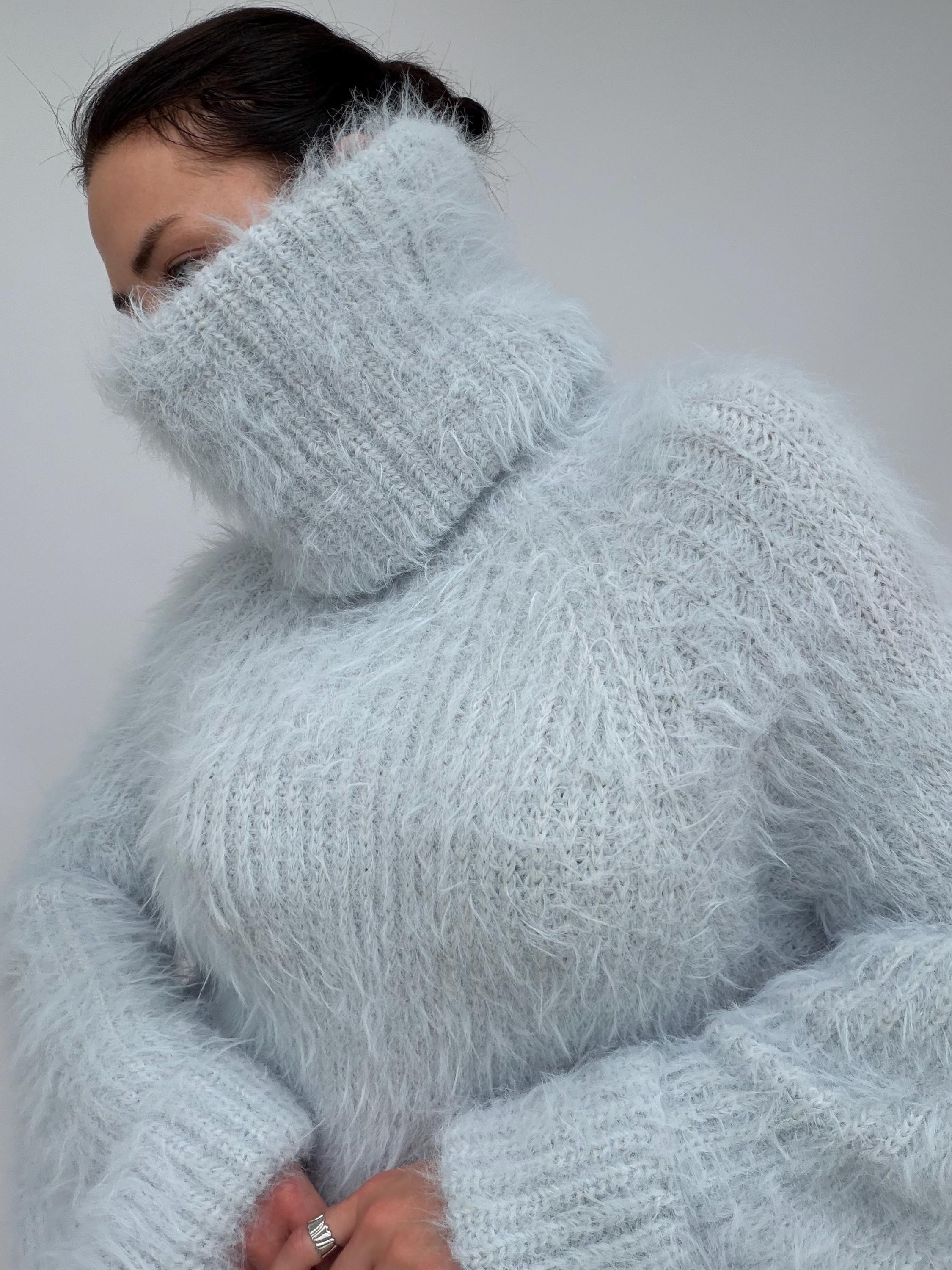 Hand Knit Merino Wool Large Turtleneck Sweater Dress Chunky Fluffy Oversized Pullover Soft Light Blue High Collar Winter Sweater
