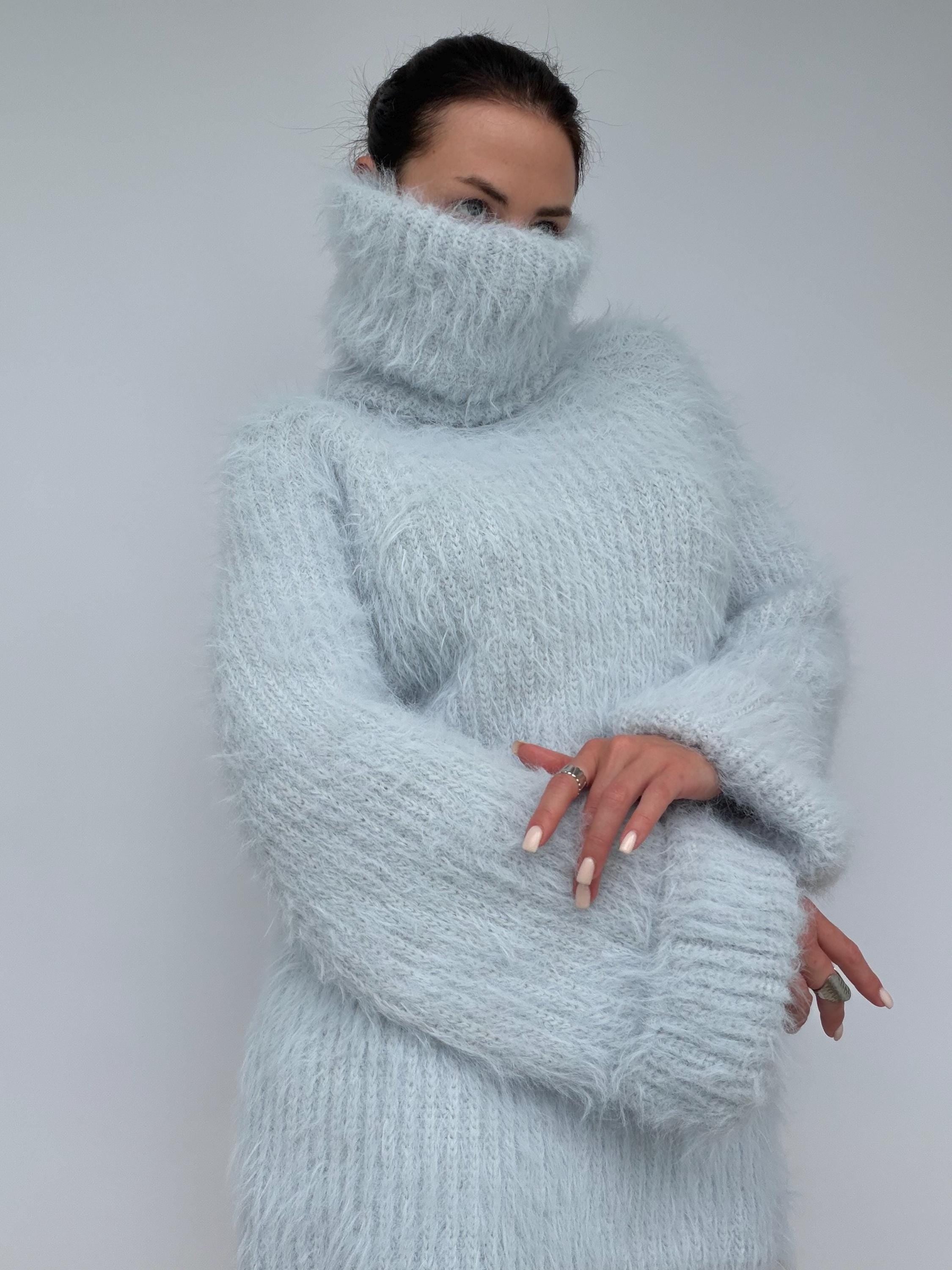 Hand Knit Merino Wool Large Turtleneck Sweater Dress Chunky Fluffy Oversized Pullover Soft Light Blue High Collar Winter Sweater