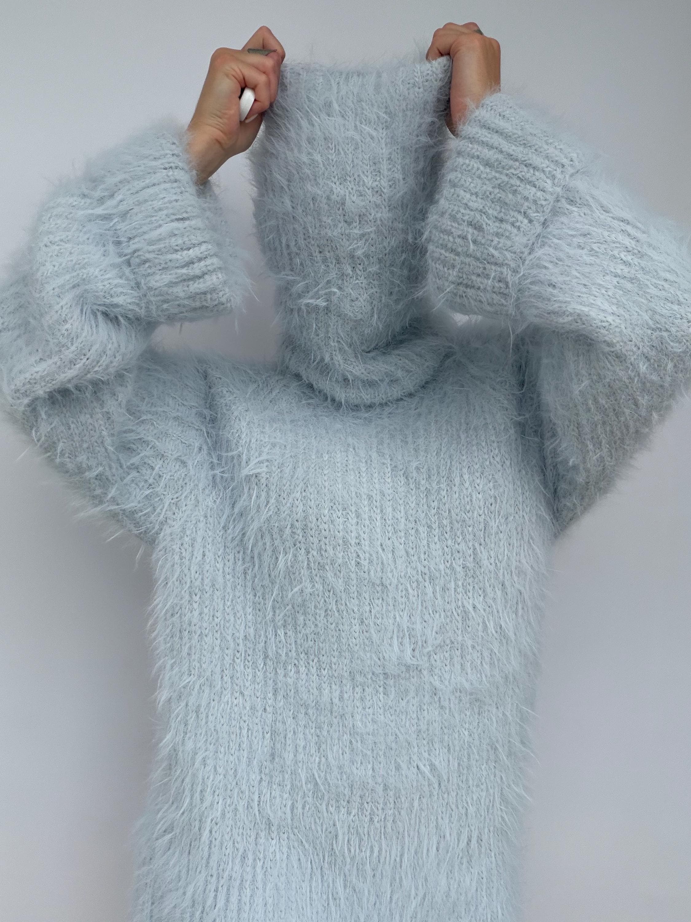 Hand Knit Merino Wool Large Turtleneck Sweater Dress Chunky Fluffy Oversized Pullover Soft Light Blue High Collar Winter Sweater