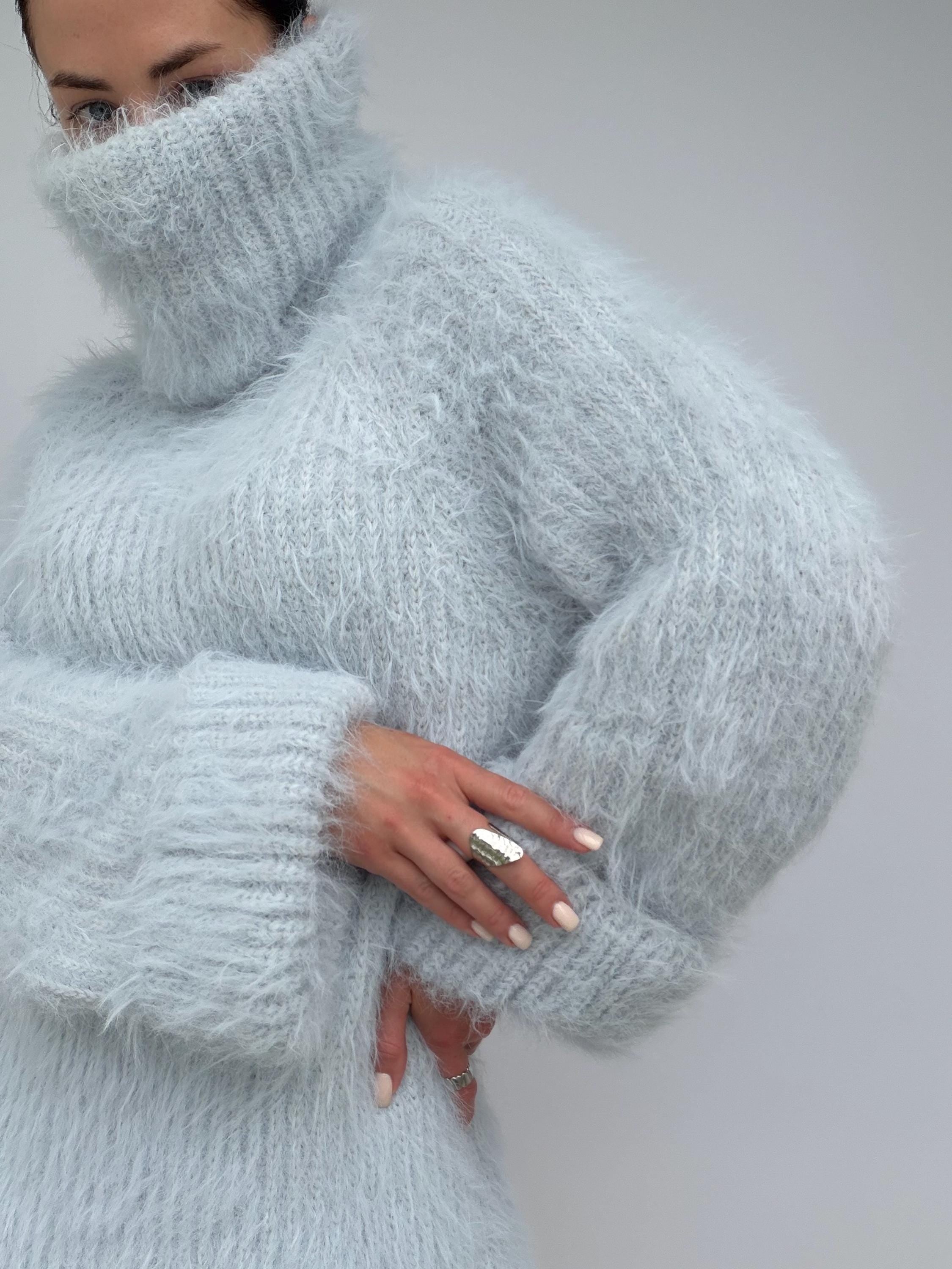 Hand Knit Merino Wool Large Turtleneck Sweater Dress Chunky Fluffy Oversized Pullover Soft Light Blue High Collar Winter Sweater