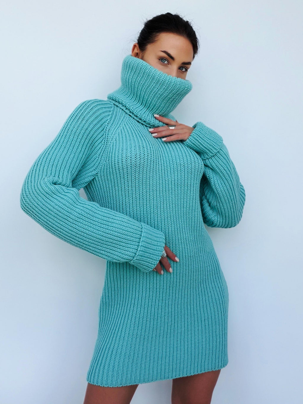 Light blue merino wool sweater dress Сhunky knit large turtleneck pullover Big high collar long sleeve sweater Handmade warm winter tunic
