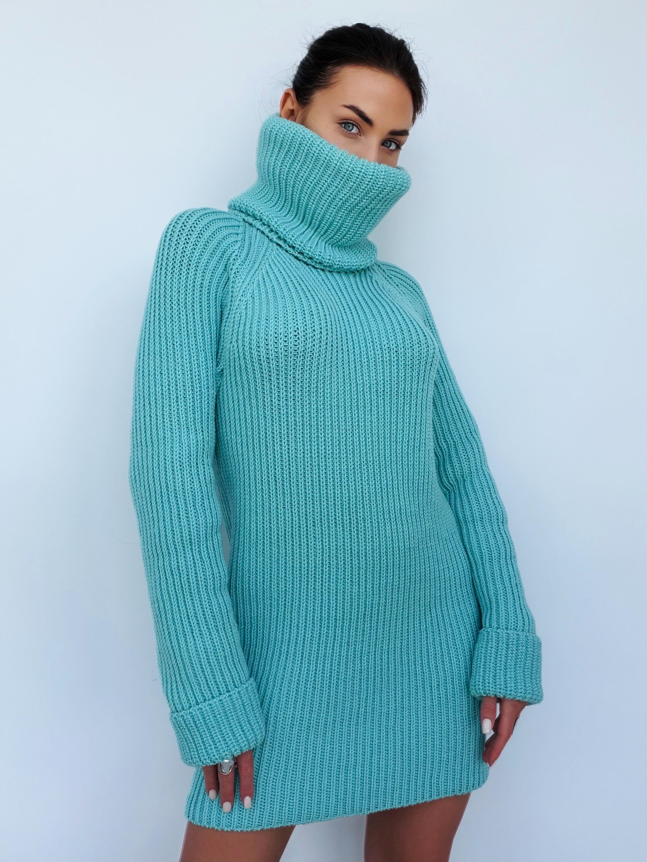 Light blue merino wool sweater dress Сhunky knit large turtleneck pullover Big high collar long sleeve sweater Handmade warm winter tunic