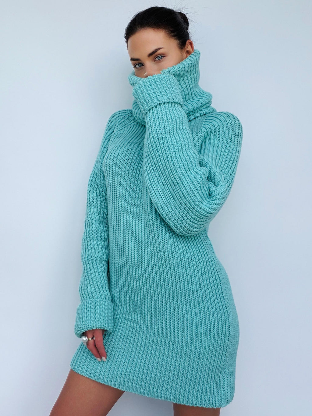 Light blue merino wool sweater dress Сhunky knit large turtleneck pullover Big high collar long sleeve sweater Handmade warm winter tunic