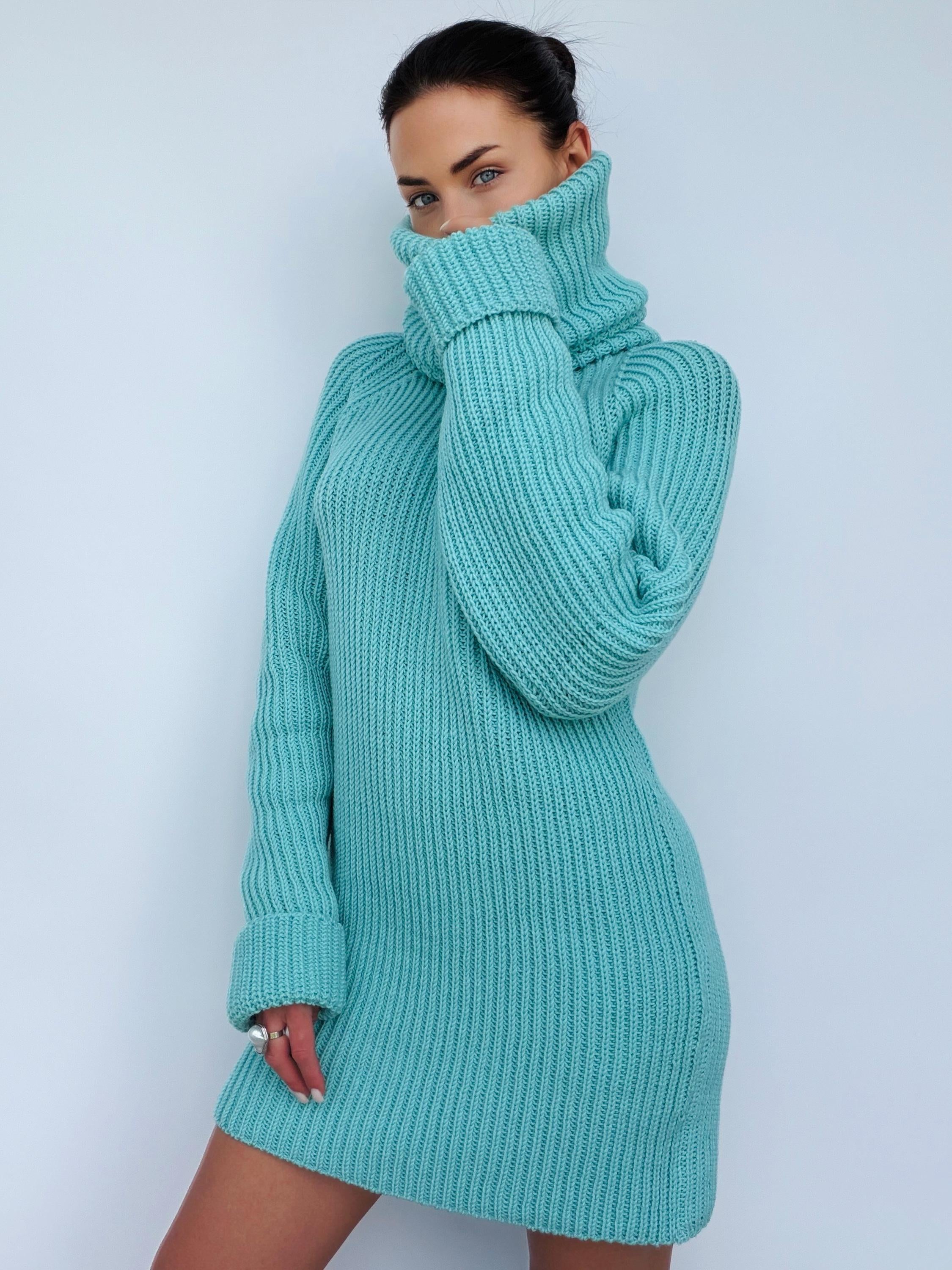 Light blue merino wool sweater dress Сhunky knit large turtleneck pullover Big high collar long sleeve sweater Handmade warm winter tunic