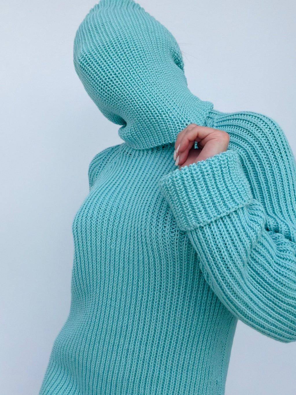 Light blue merino wool sweater dress Сhunky knit large turtleneck pullover Big high collar long sleeve sweater Handmade warm winter tunic