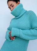 Light blue merino wool sweater dress Сhunky knit large turtleneck pullover Big high collar long sleeve sweater Handmade warm winter tunic
