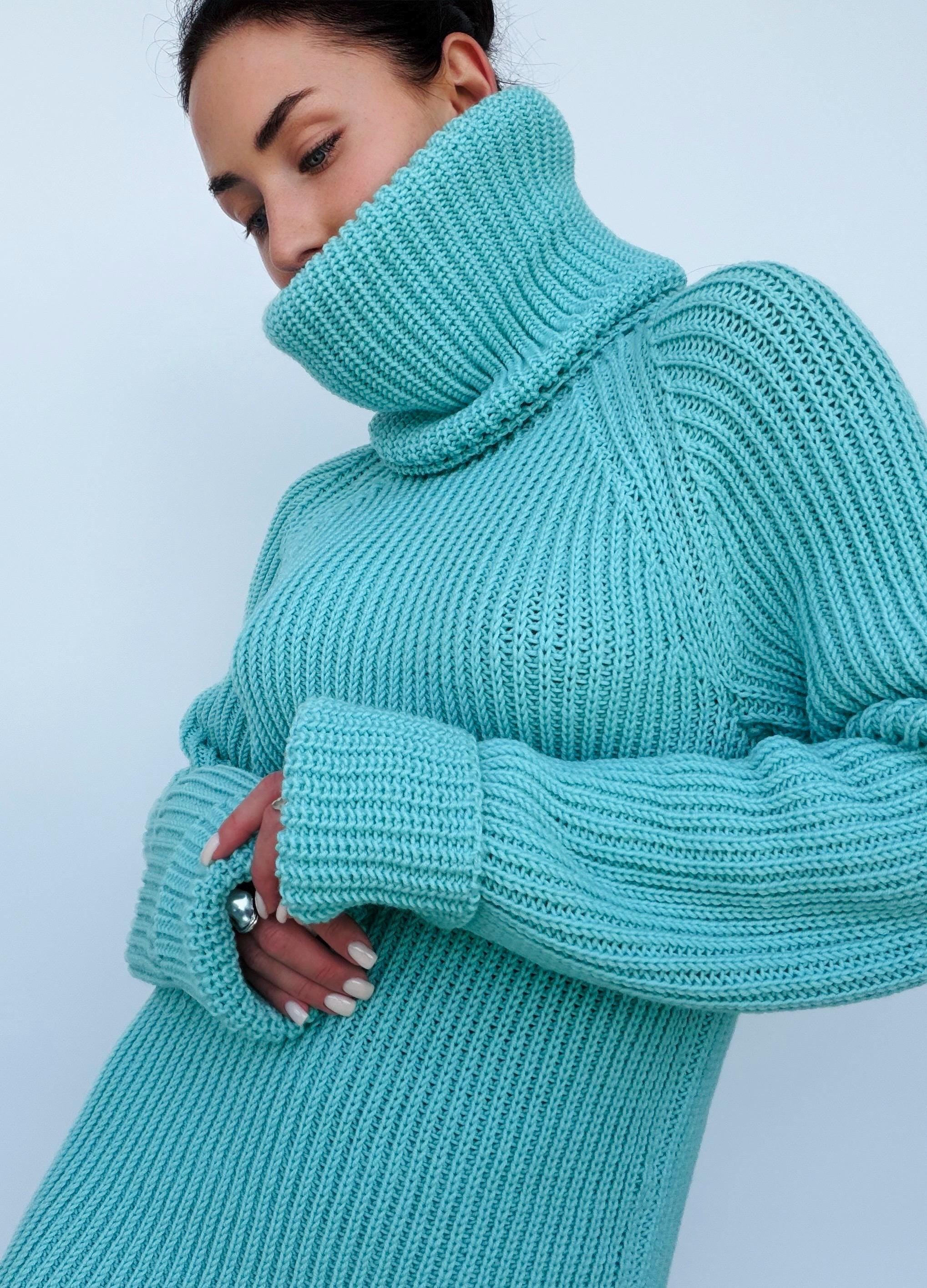 Light blue merino wool sweater dress Сhunky knit large turtleneck pullover Big high collar long sleeve sweater Handmade warm winter tunic