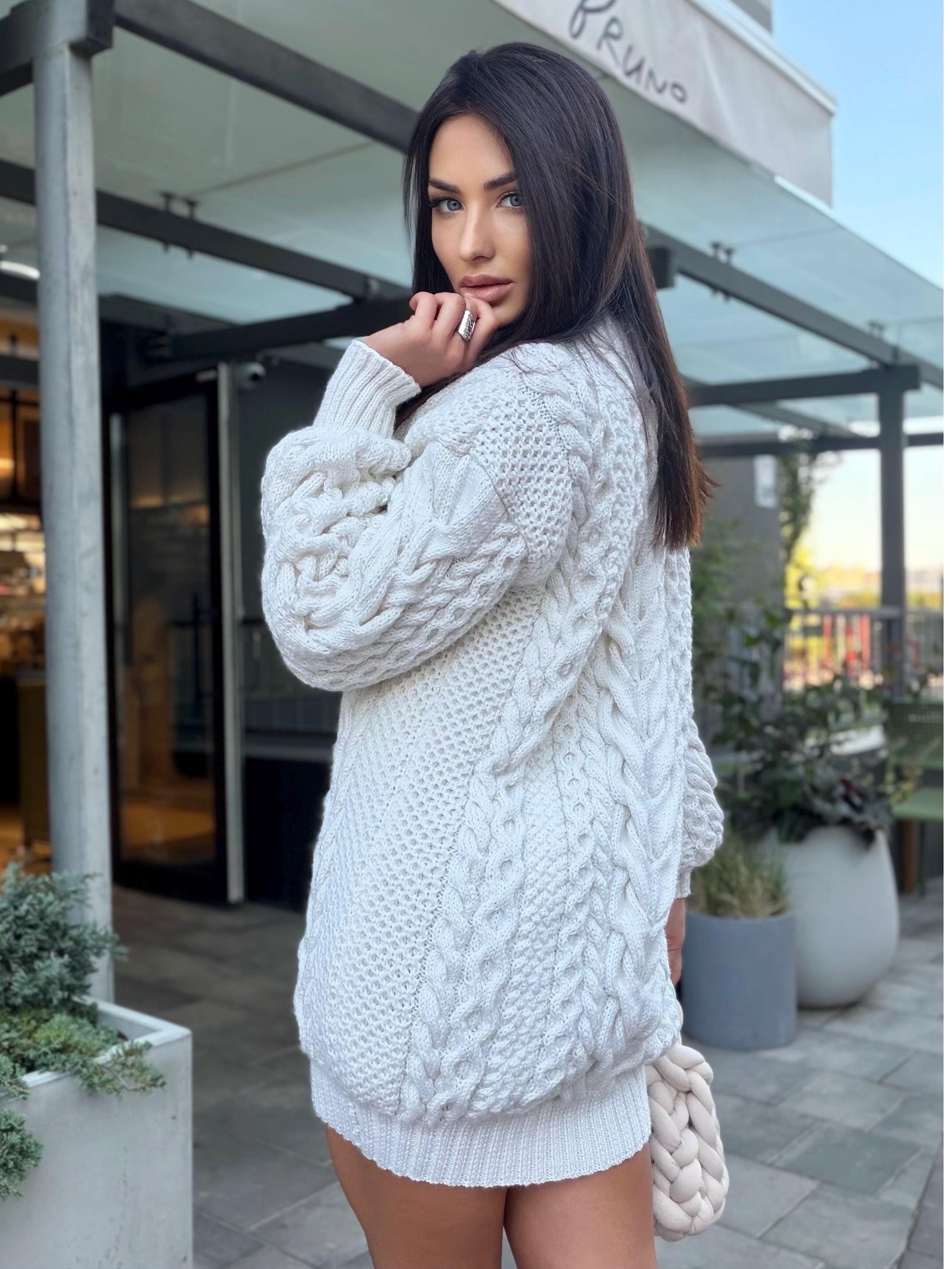 Aran oversized hand knit Sweater cable knit sweater dress Chunky knit pullover merino wool Blend hand knit Unisex White Fisherman Sweater