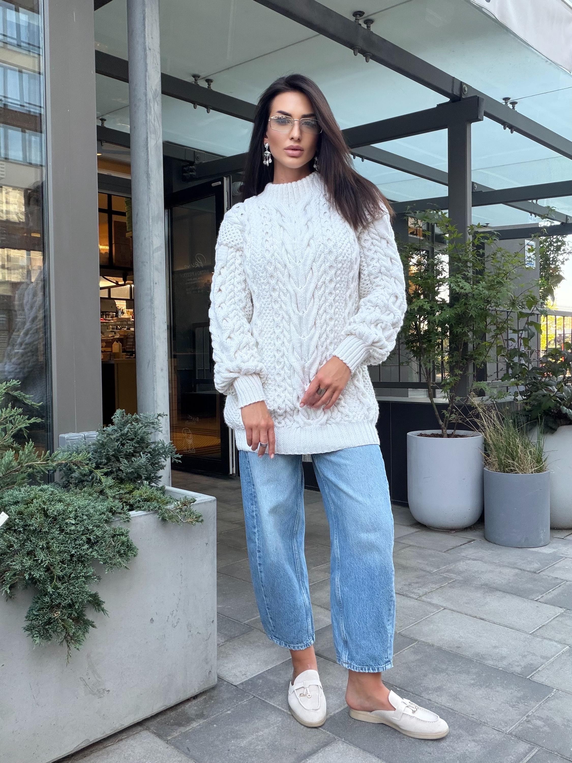 Aran oversized hand knit Sweater cable knit sweater dress Chunky knit pullover merino wool Blend hand knit Unisex White Fisherman Sweater