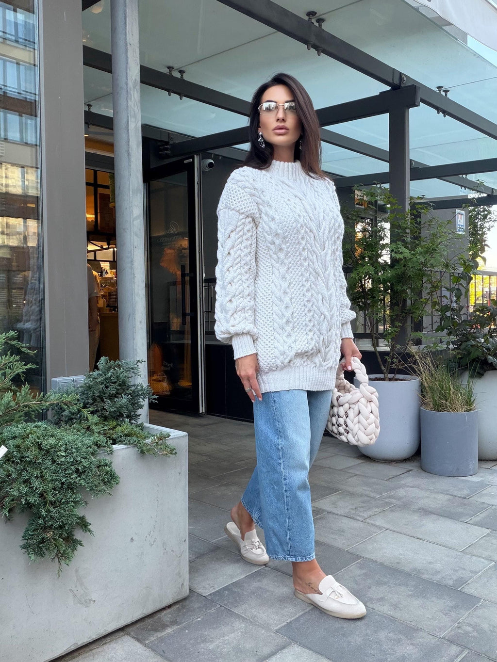 Aran oversized hand knit Sweater cable knit sweater dress Chunky knit pullover merino wool Blend hand knit Unisex White Fisherman Sweater