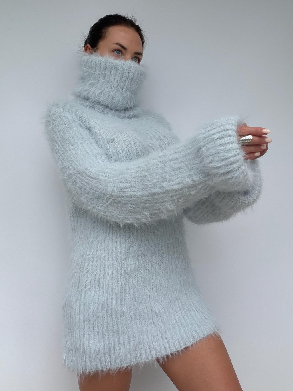 Hand Knit Merino Wool Large Turtleneck Sweater Dress Chunky Fluffy Oversized Pullover Soft Light Blue High Collar Winter Sweater