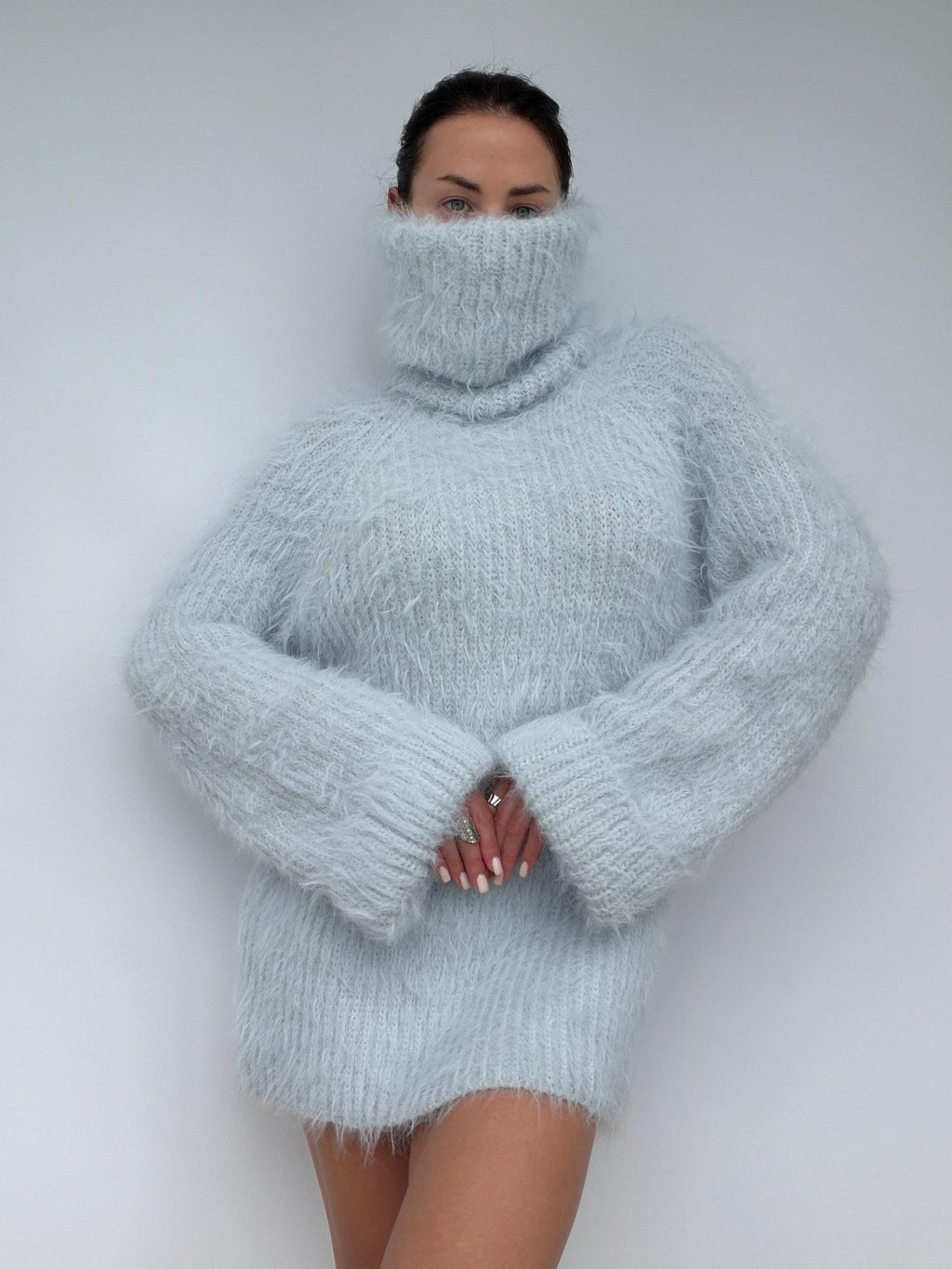 Hand Knit Merino Wool Large Turtleneck Sweater Dress Chunky Fluffy Oversized Pullover Soft Light Blue High Collar Winter Sweater