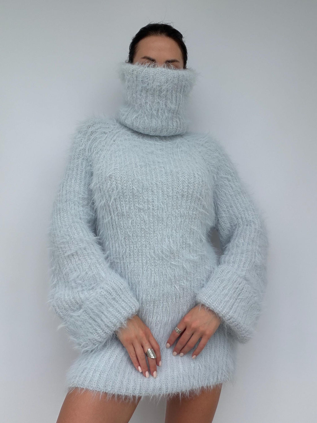Hand Knit Merino Wool Large Turtleneck Sweater Dress Chunky Fluffy Oversized Pullover Soft Light Blue High Collar Winter Sweater