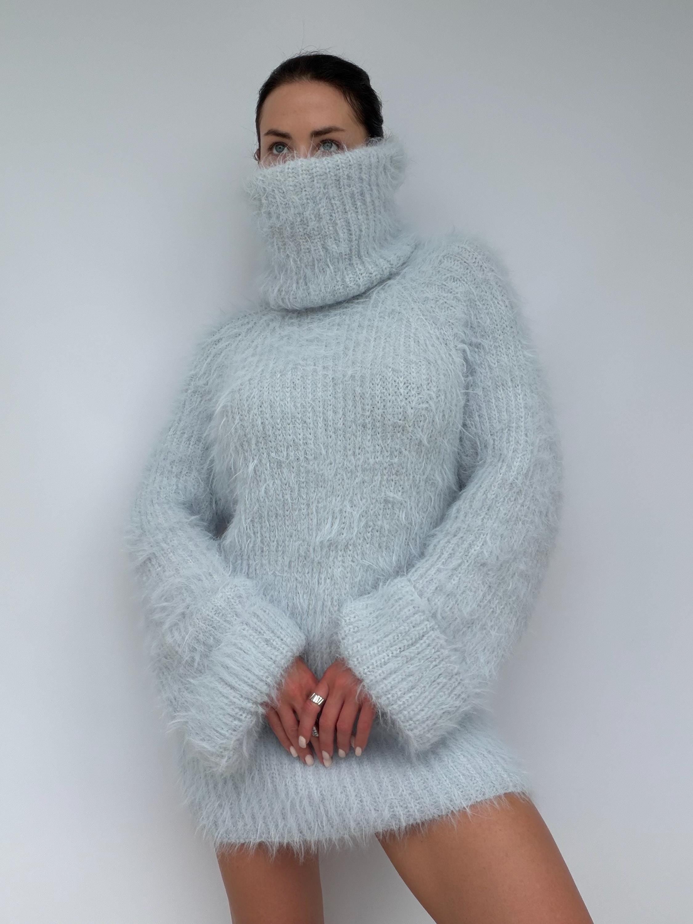 Hand Knit Merino Wool Large Turtleneck Sweater Dress Chunky Fluffy Oversized Pullover Soft Light Blue High Collar Winter Sweater