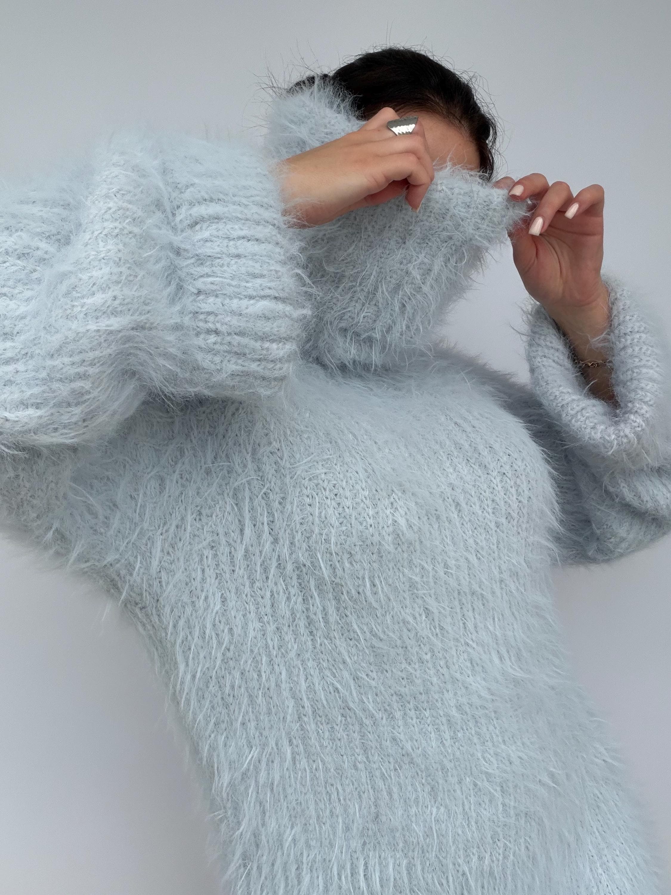 Hand Knit Merino Wool Large Turtleneck Sweater Dress Chunky Fluffy Oversized Pullover Soft Light Blue High Collar Winter Sweater